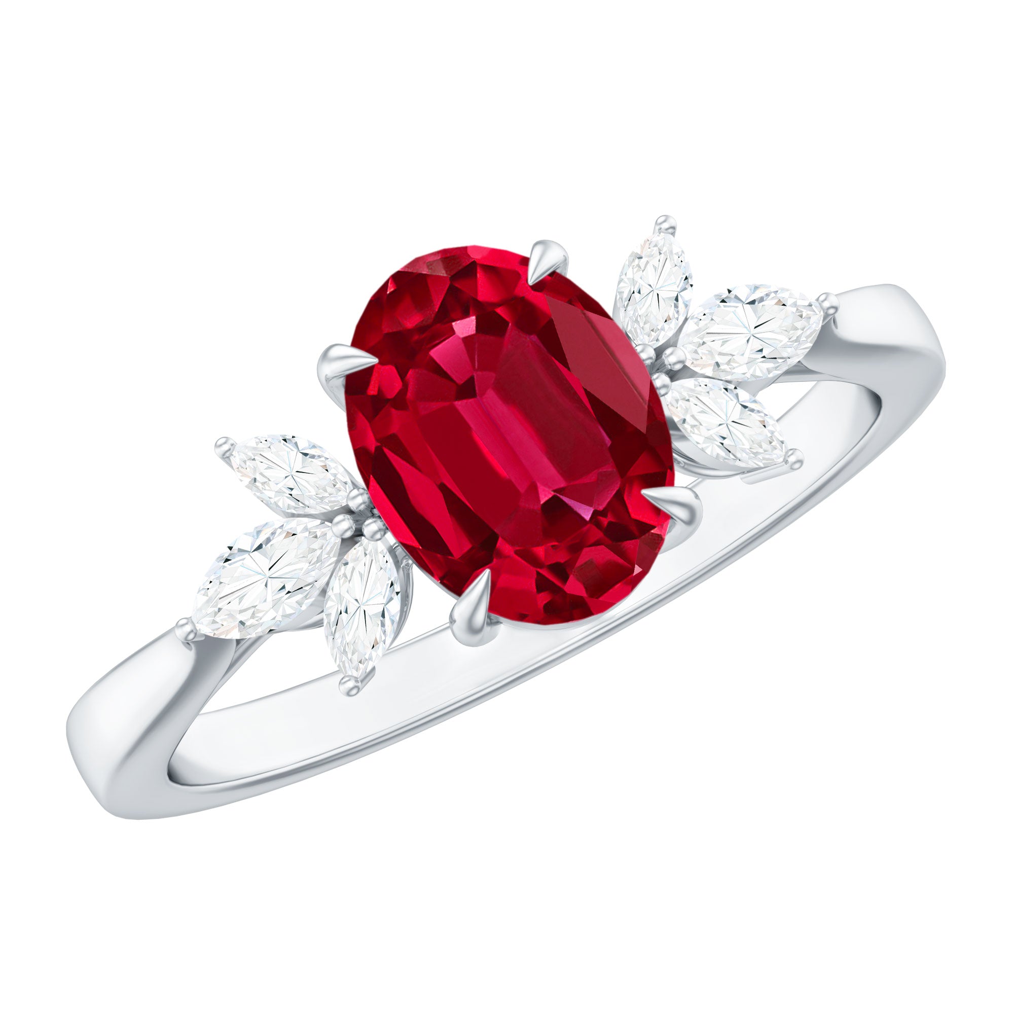 2 CT Claw Set Oval Created Ruby Solitaire and Marquise Diamond Trio Ring