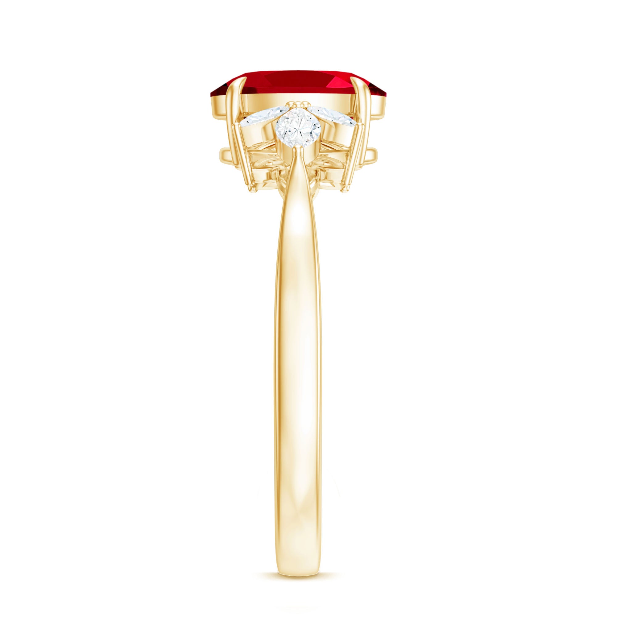 2 CT Claw Set Oval Created Ruby Solitaire and Marquise Diamond Trio Ring AAAA - Rosec Jewels