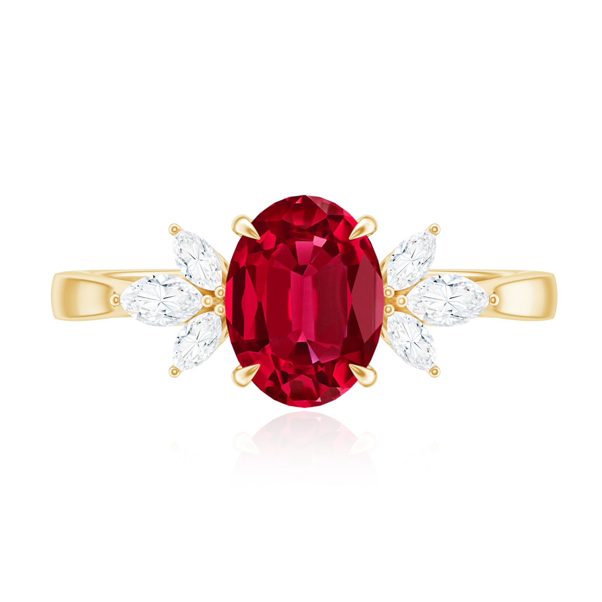 2 CT Claw Set Oval Created Ruby Solitaire and Marquise Diamond Trio Ring AAAA - Rosec Jewels