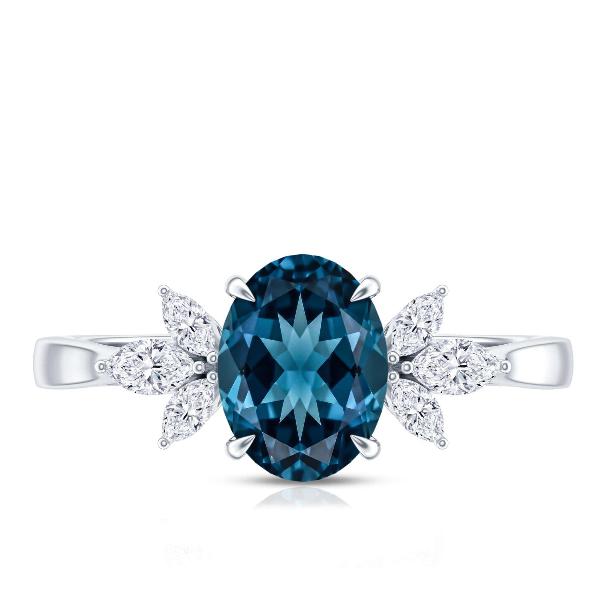 Oval Cut London Blue Topaz Engagement Ring with Diamond Trio AAA - Rosec Jewels