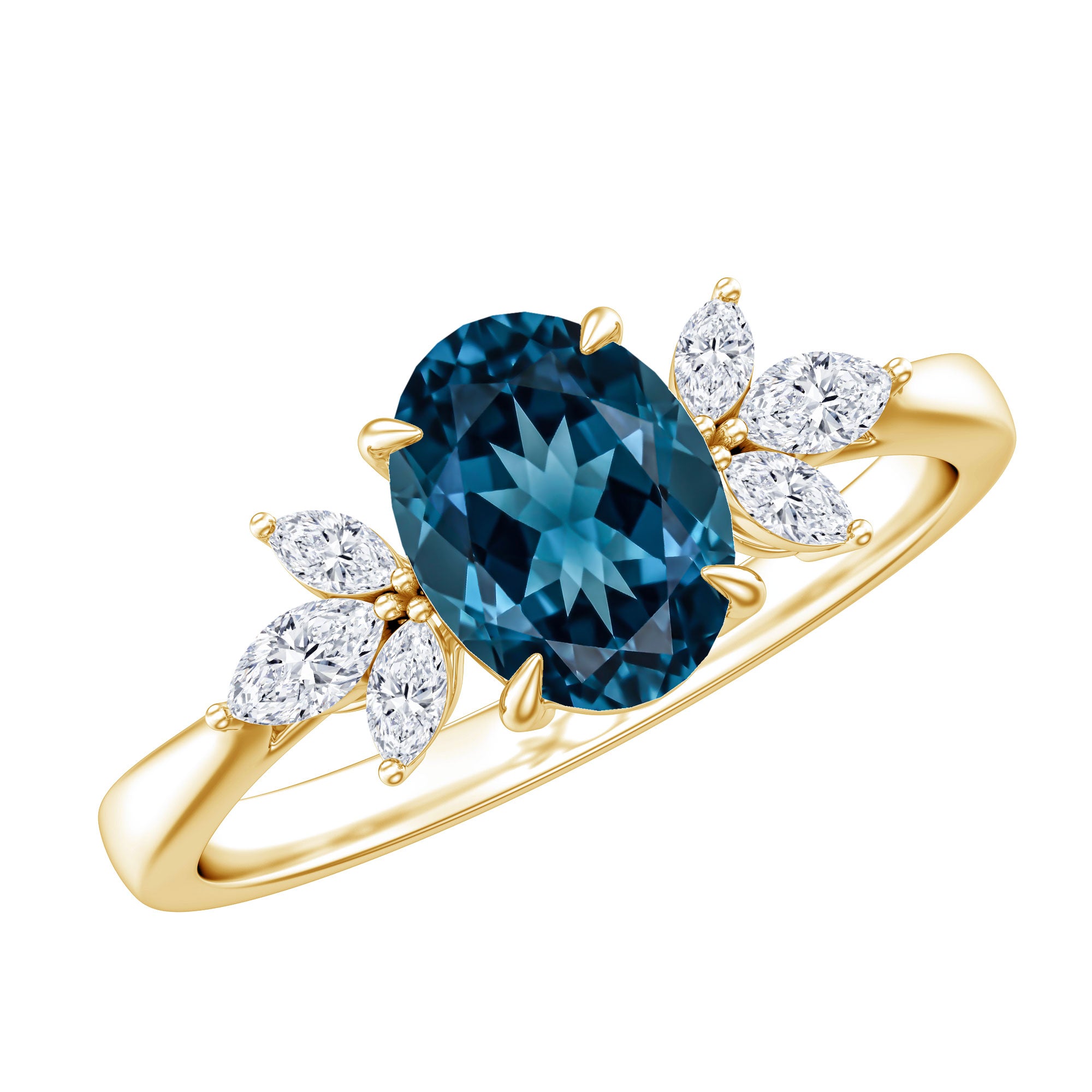 Oval Cut London Blue Topaz Engagement Ring with Diamond Trio AAA - Rosec Jewels