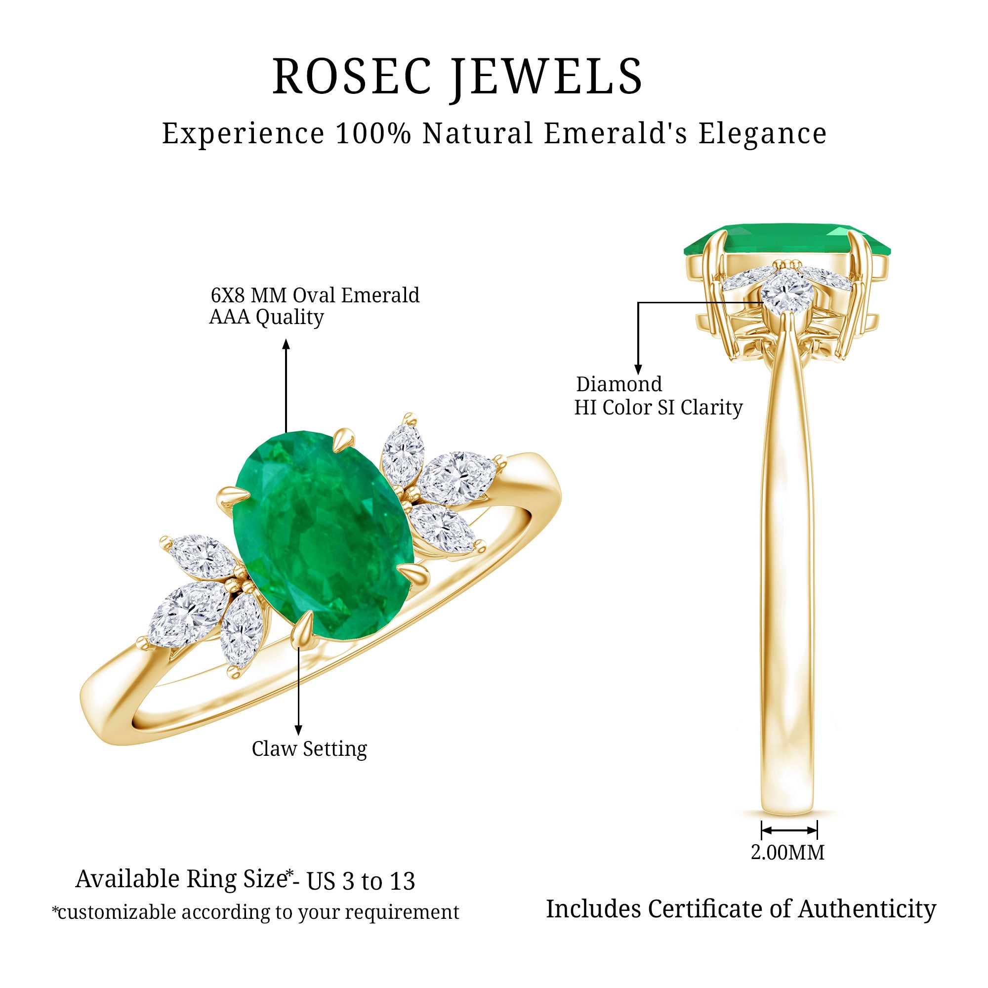 Natural 1.2 Carat Oval Emerald Engagement Ring with Diamond Trio AAA - Rosec Jewels