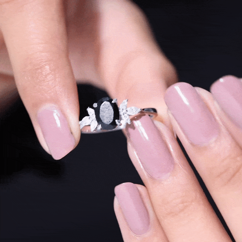 Oval Cut Black Onyx Engagement Ring with Diamond Trio AAA - Rosec Jewels