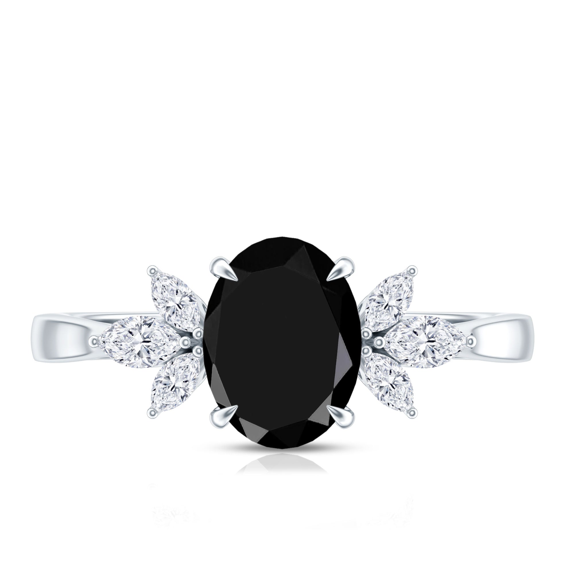Oval Cut Black Onyx Engagement Ring with Diamond Trio AAA - Rosec Jewels