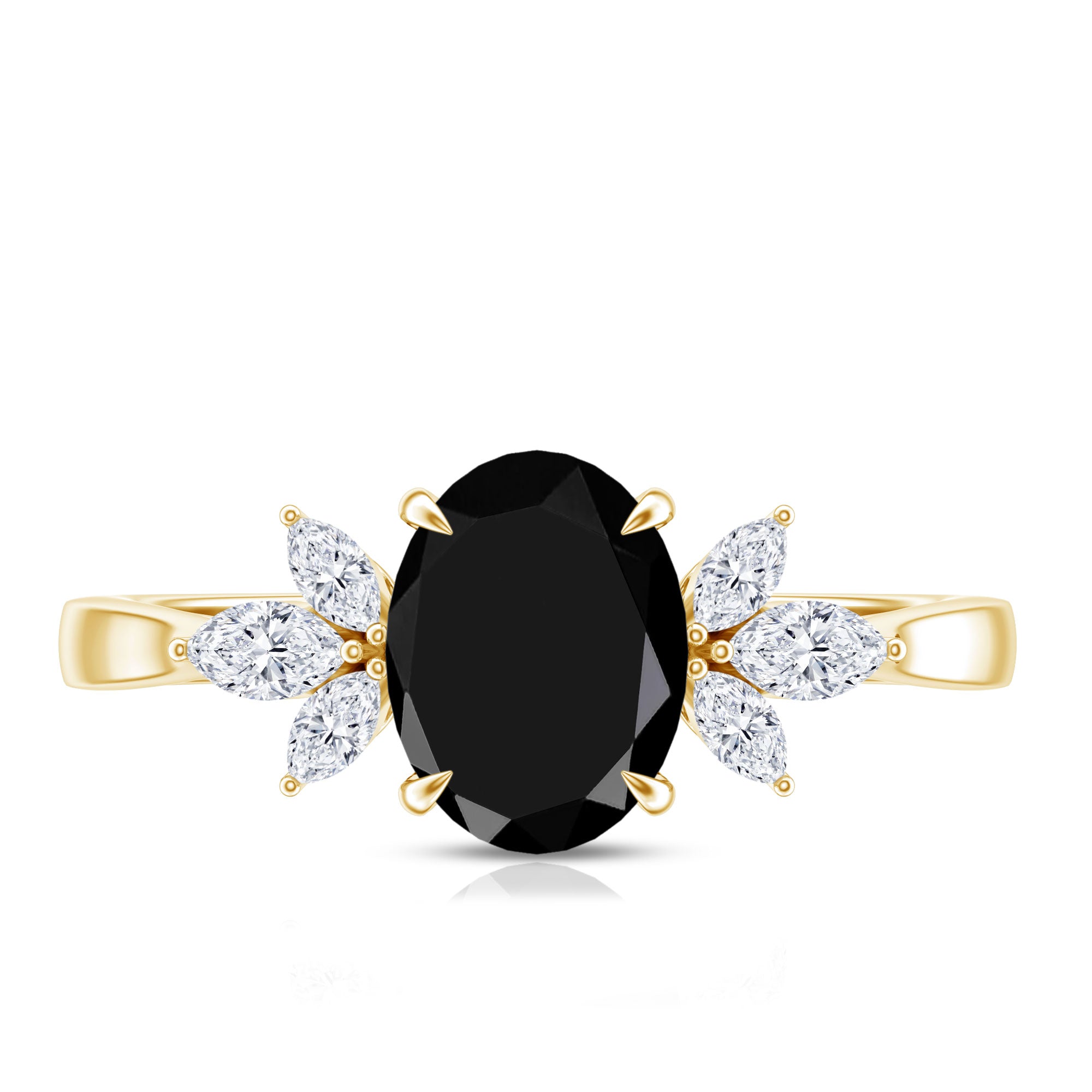 Oval Cut Black Onyx Engagement Ring with Diamond Trio AAA - Rosec Jewels
