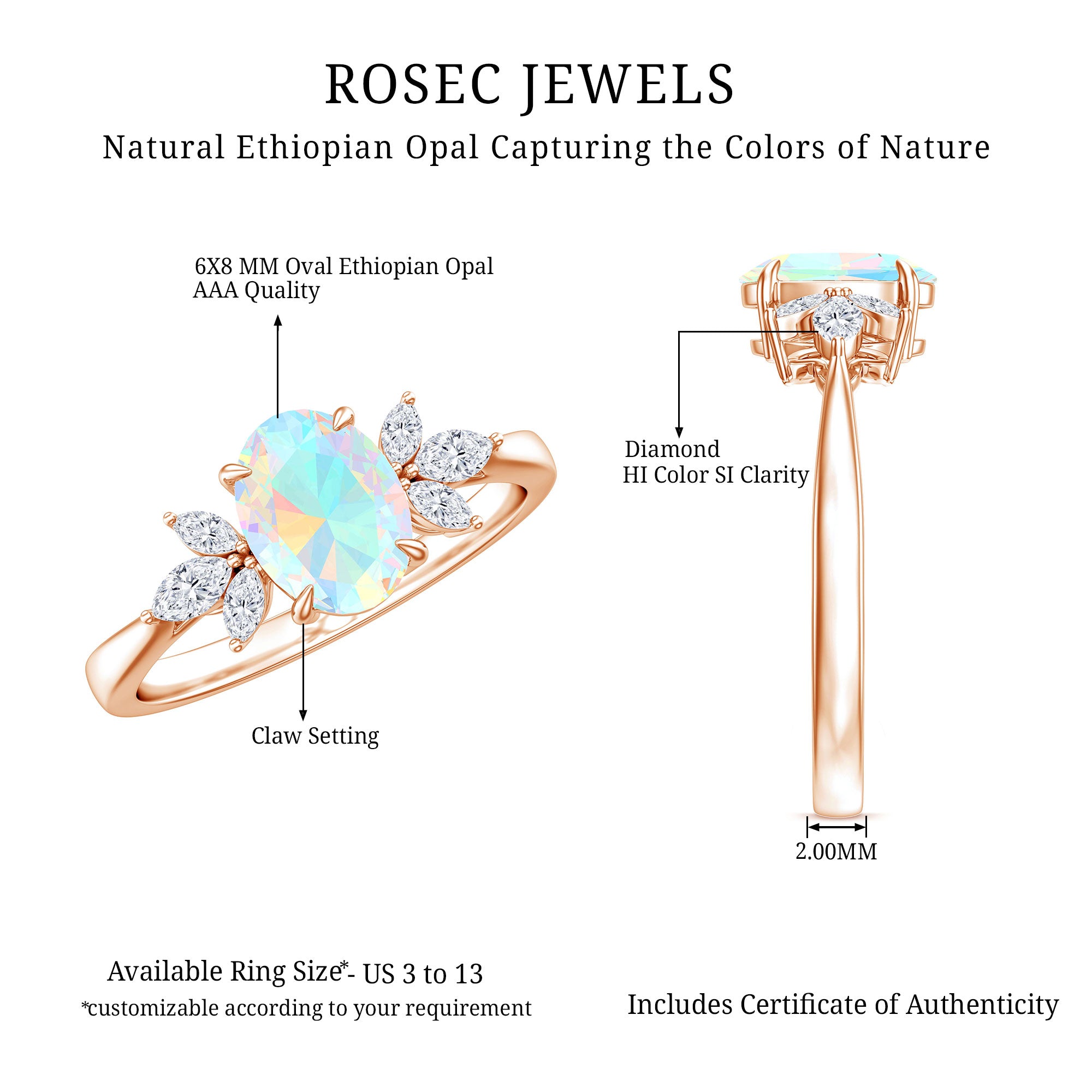 Natural 6X8mm Rainbow Opal Oval Engagement Ring with Diamond AAA - Rosec Jewels