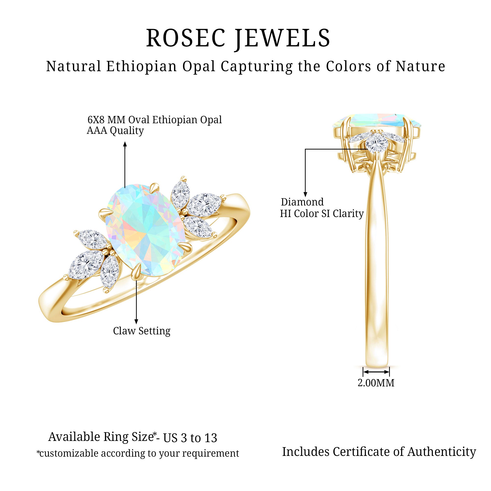 Natural 6X8mm Rainbow Opal Oval Engagement Ring with Diamond AAA - Rosec Jewels