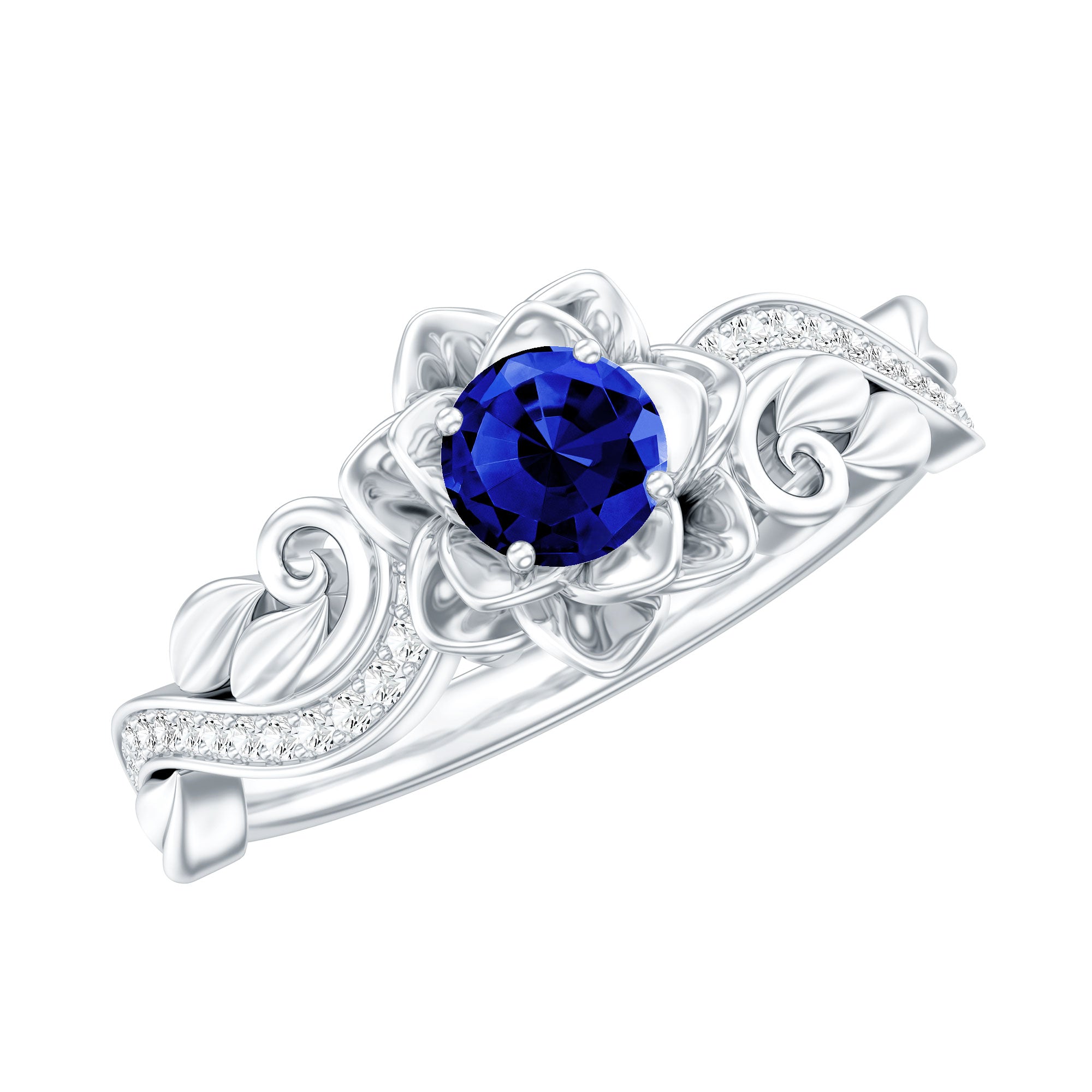 Certified Lab Grown Blue Sapphire Flower Engagement Ring with Diamond AAAA - Rosec Jewels