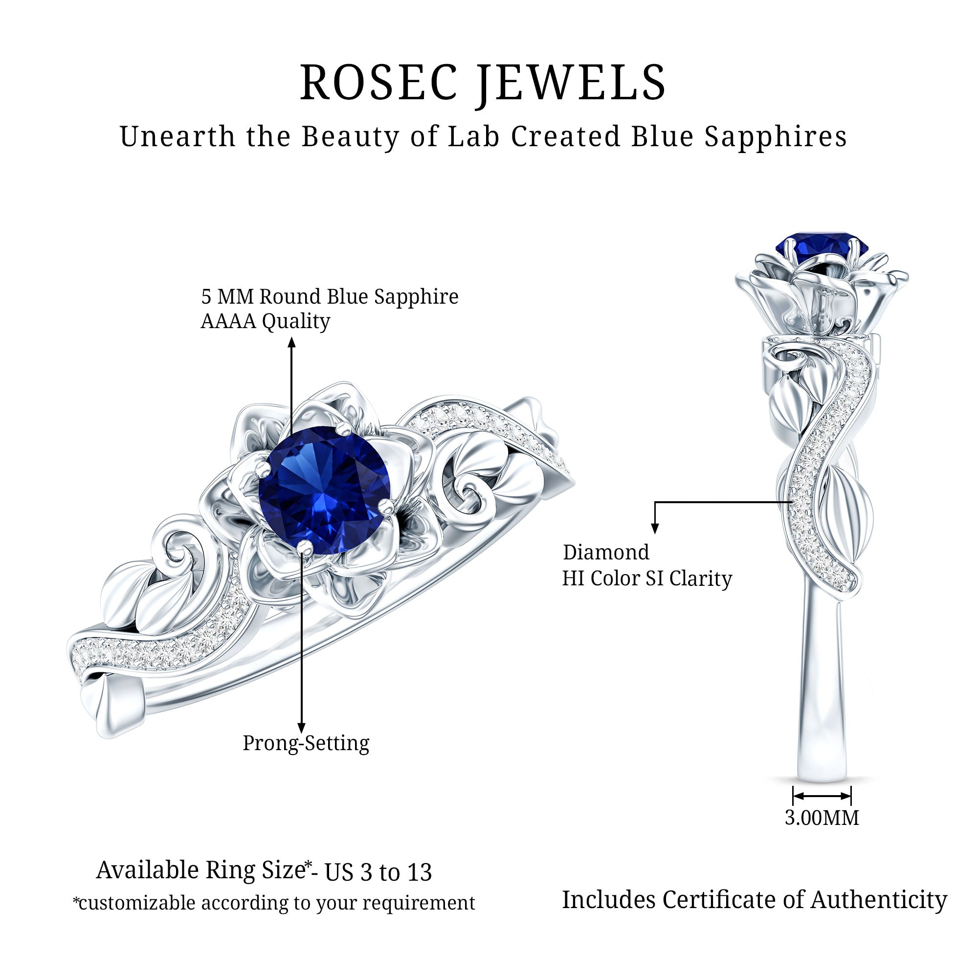 Certified Lab Grown Blue Sapphire Flower Engagement Ring with Diamond AAAA - Rosec Jewels