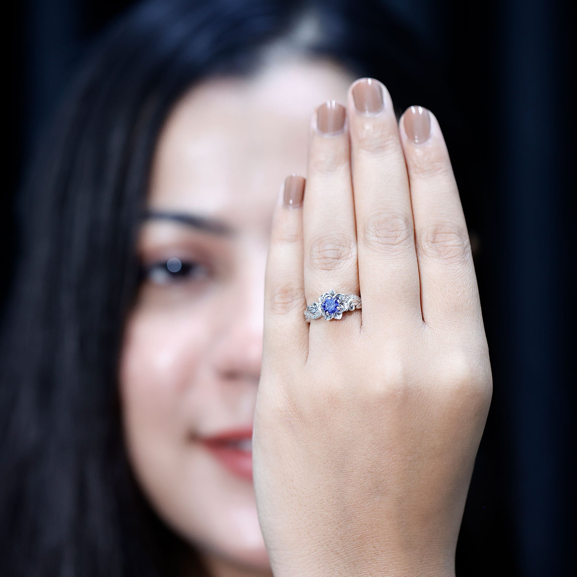 Certified Lab Grown Blue Sapphire Flower Engagement Ring with Diamond AAAA - Rosec Jewels