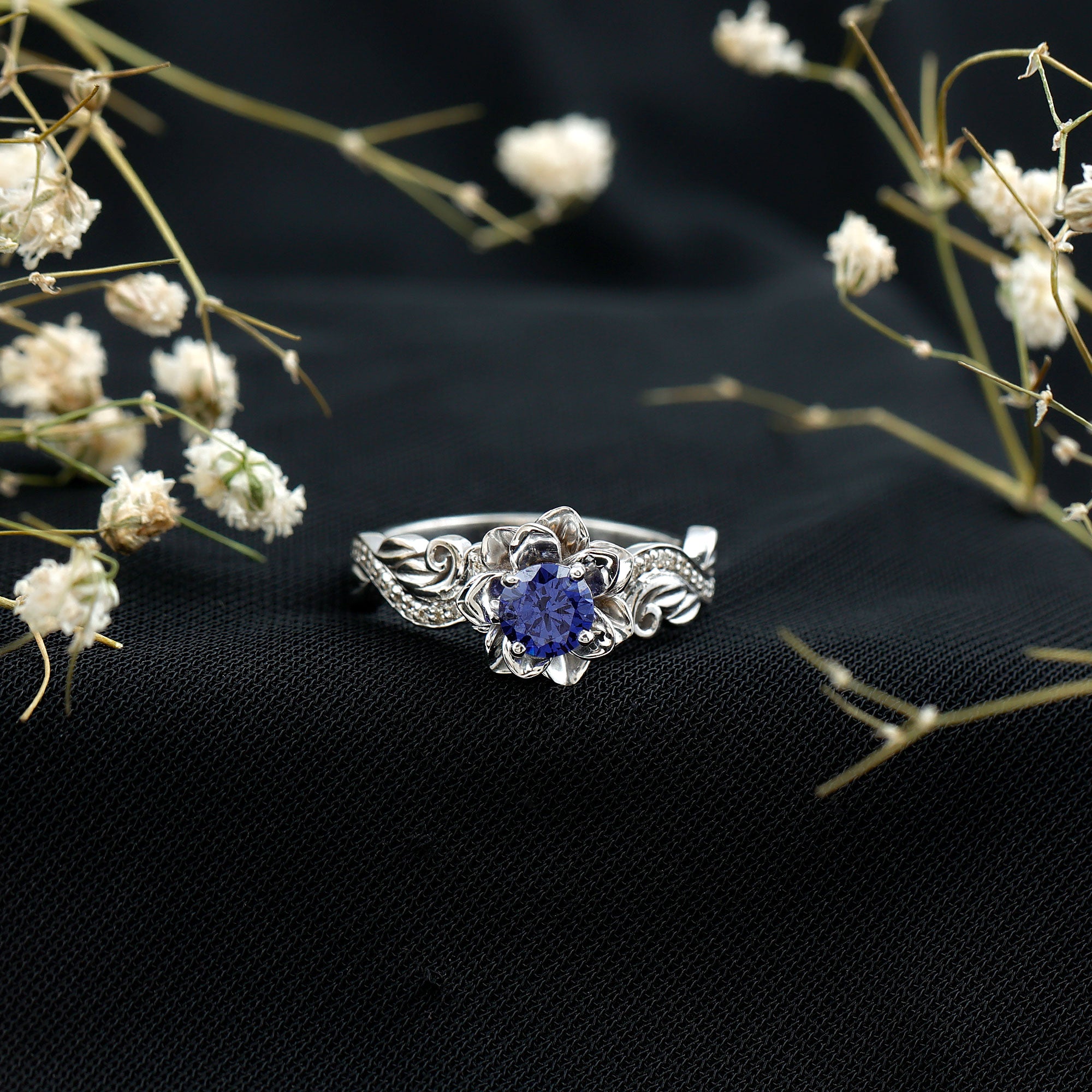 Certified Lab Grown Blue Sapphire Flower Engagement Ring with Diamond AAAA - Rosec Jewels