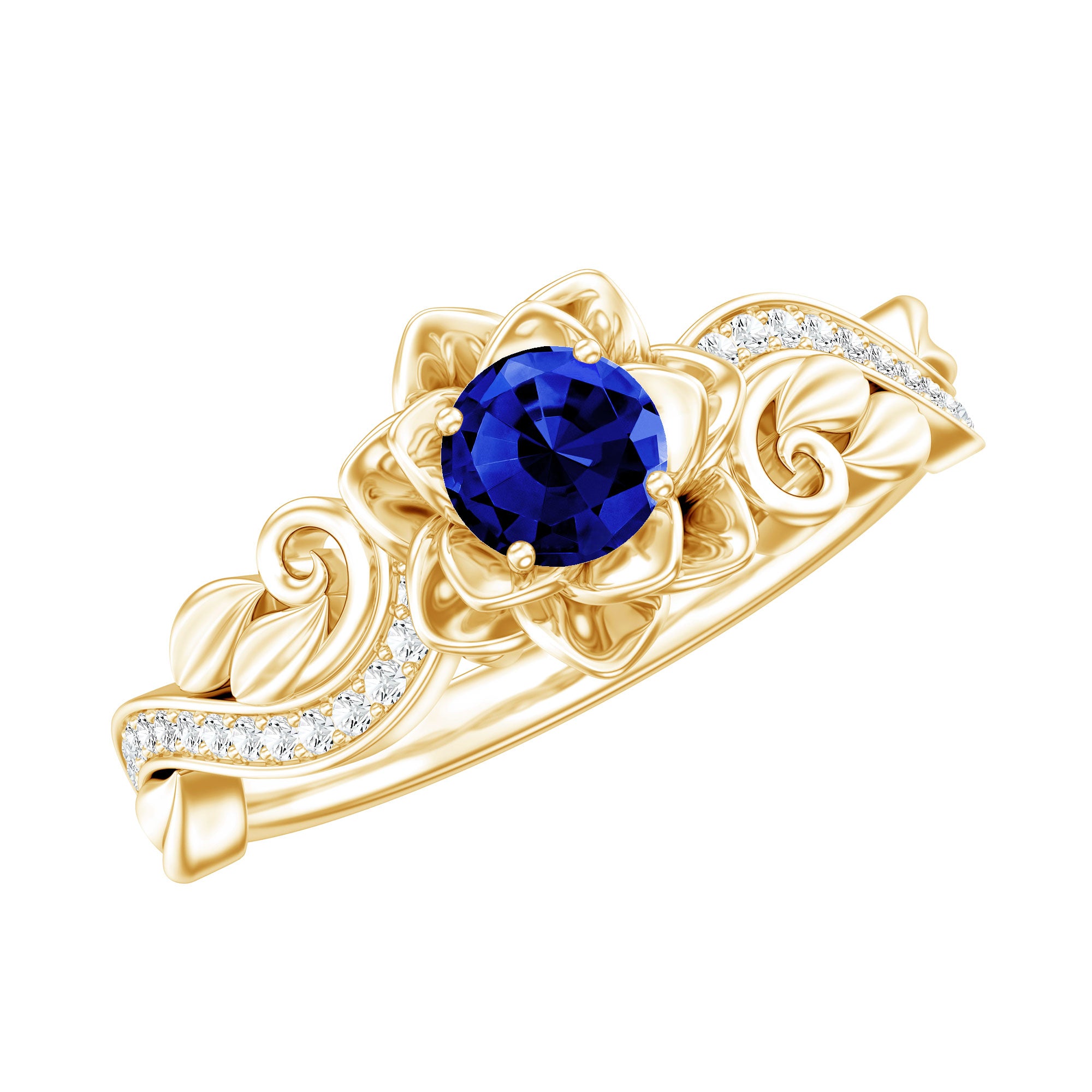 Certified Lab Grown Blue Sapphire Flower Engagement Ring with Diamond AAAA - Rosec Jewels