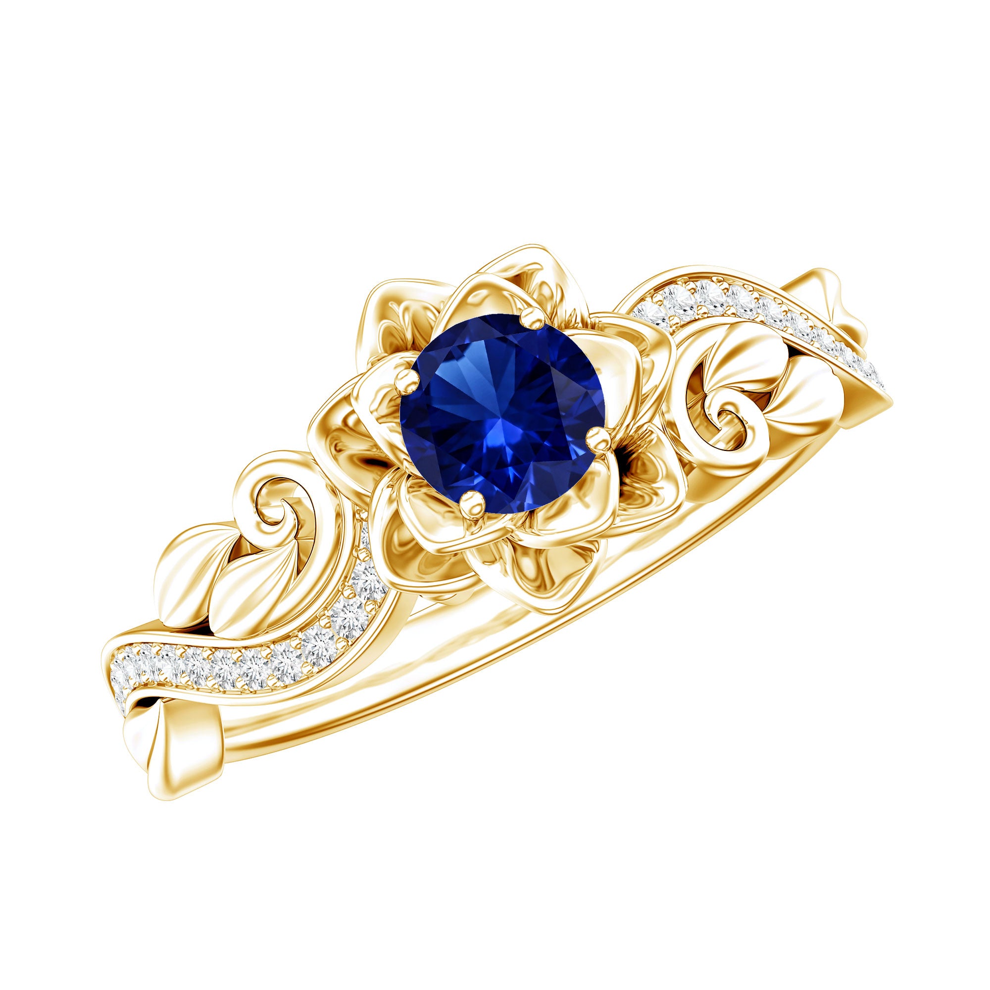 Certified Lab Grown Blue Sapphire Flower Engagement Ring with Diamond AAAA - Rosec Jewels
