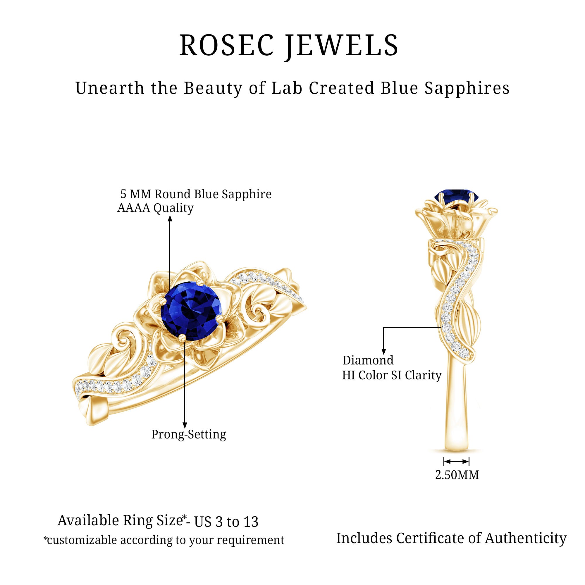 Certified Lab Grown Blue Sapphire Flower Engagement Ring with Diamond AAAA - Rosec Jewels