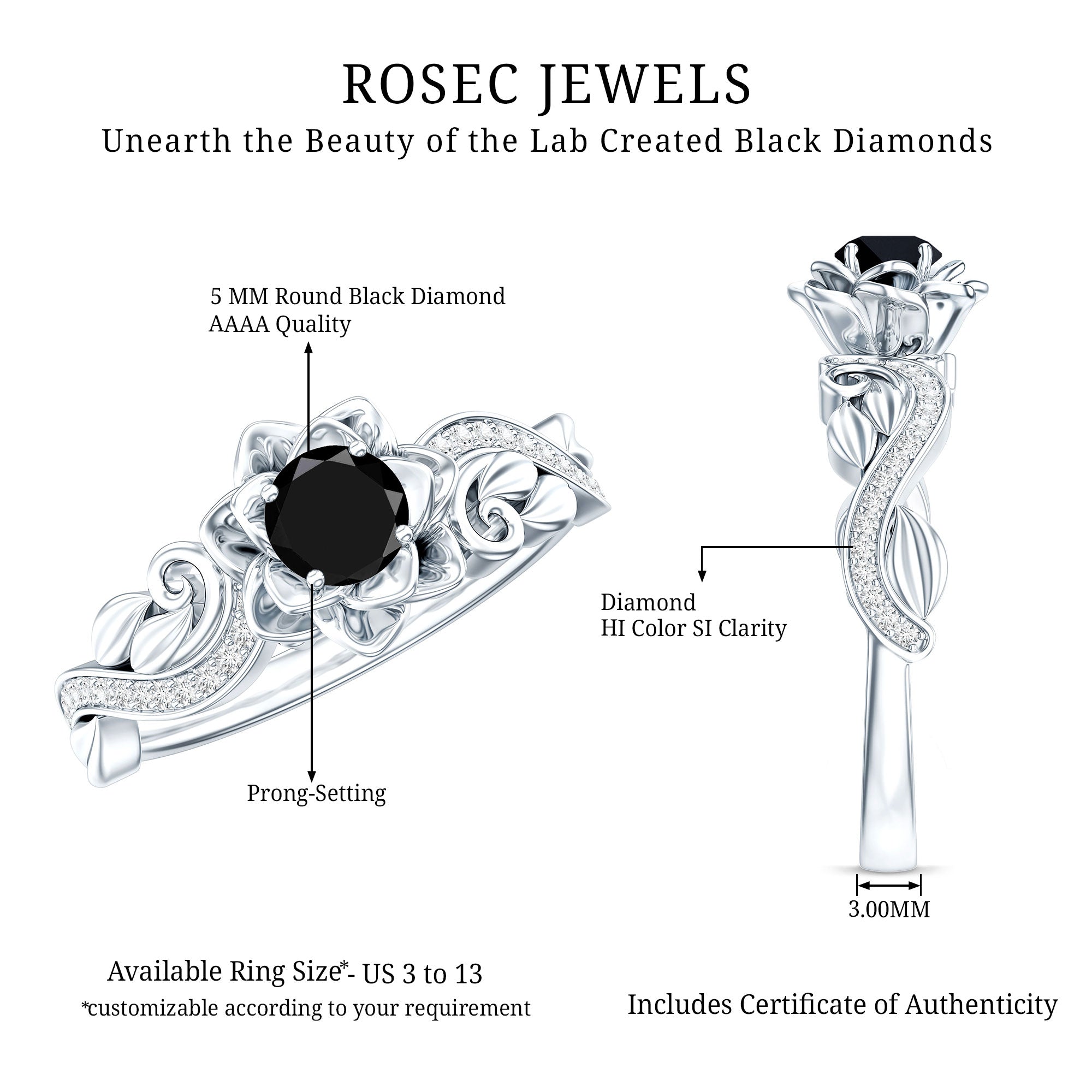 Certified 0.8 Carat Lab Grown Black and White Diamond Flower Engagement Ring AAAA ( Synthetic ) - Rosec Jewels