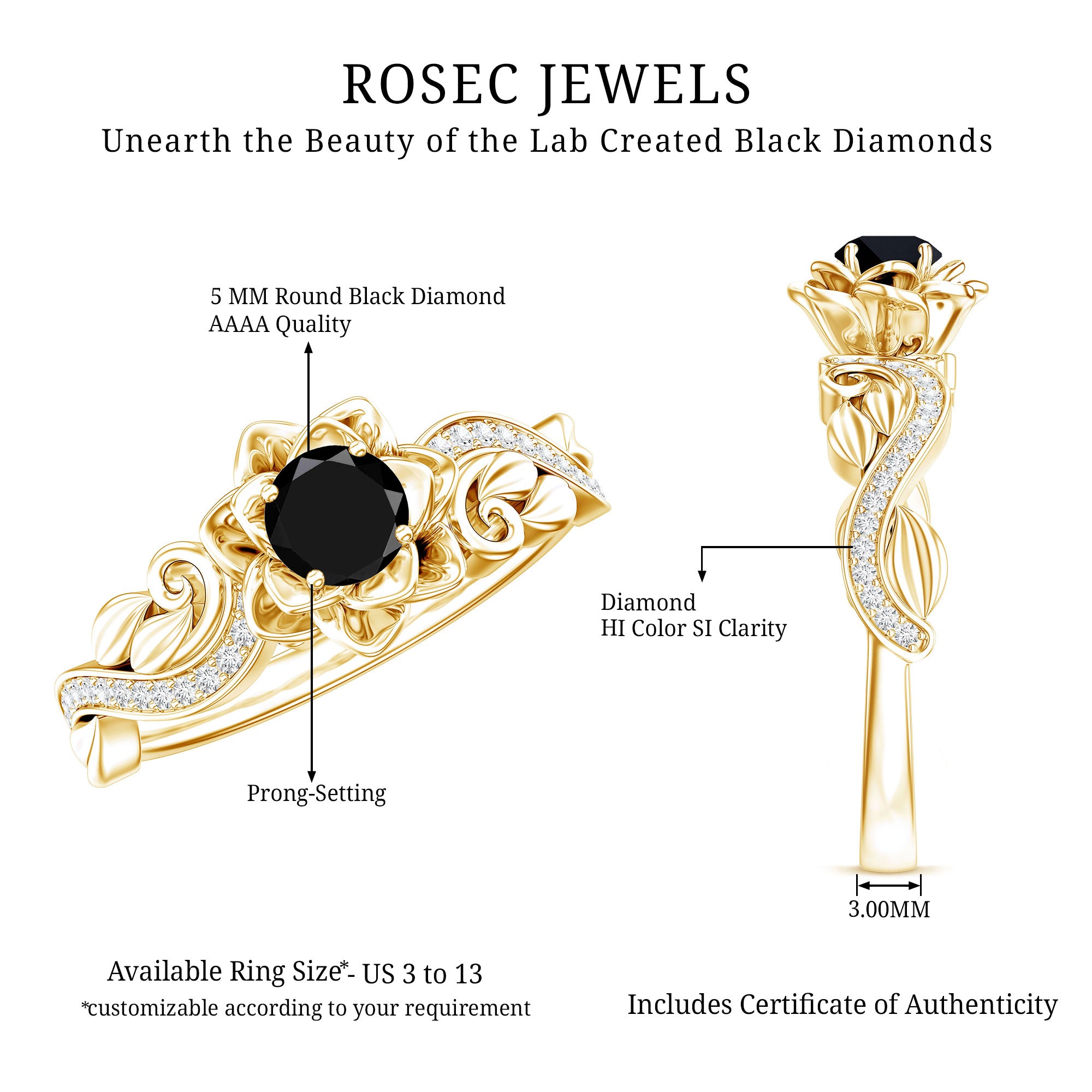 Certified 0.8 Carat Lab Grown Black and White Diamond Flower Engagement Ring AAAA ( Synthetic ) - Rosec Jewels