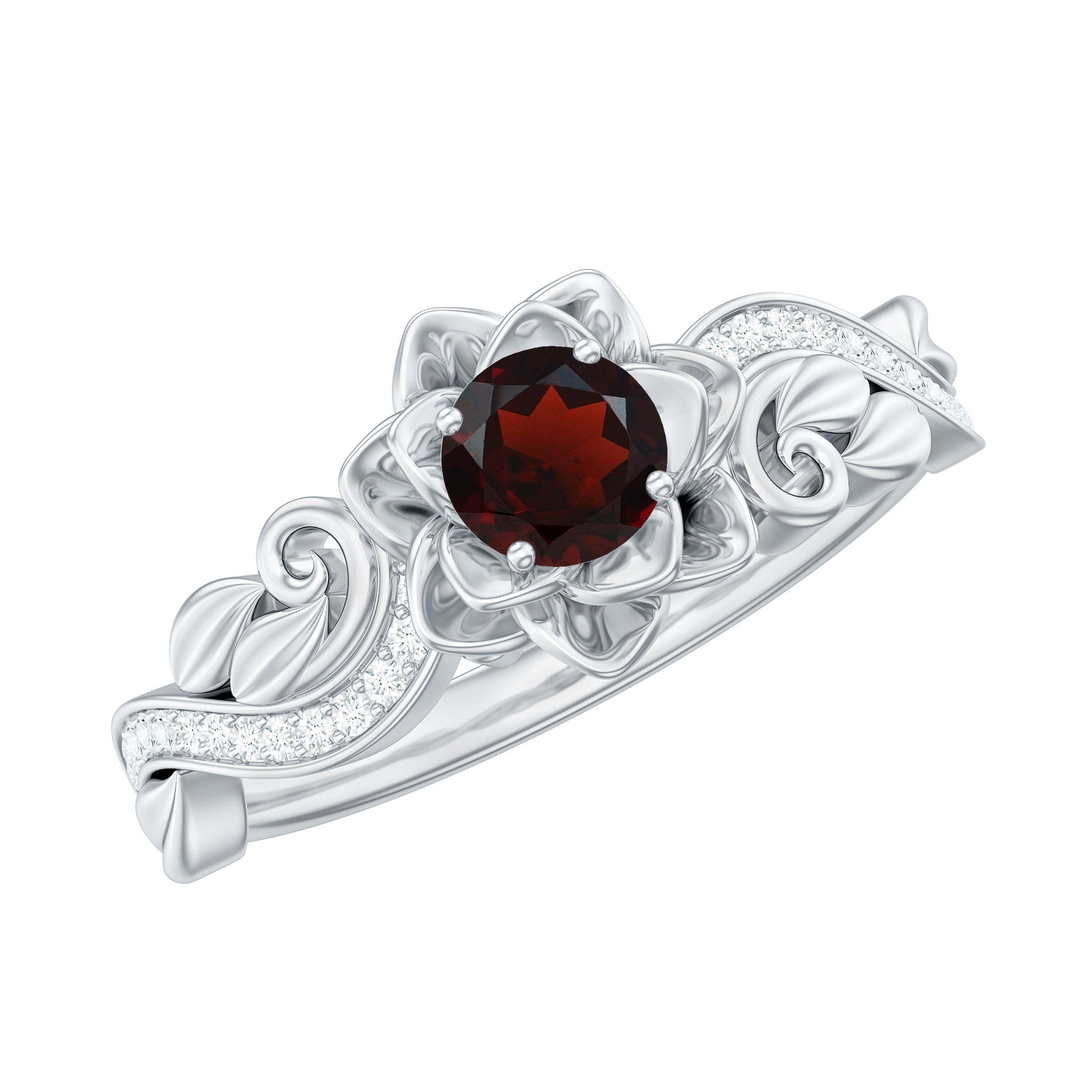 Certified Natural Garnet Rose Flower Engagement Ring with Diamond