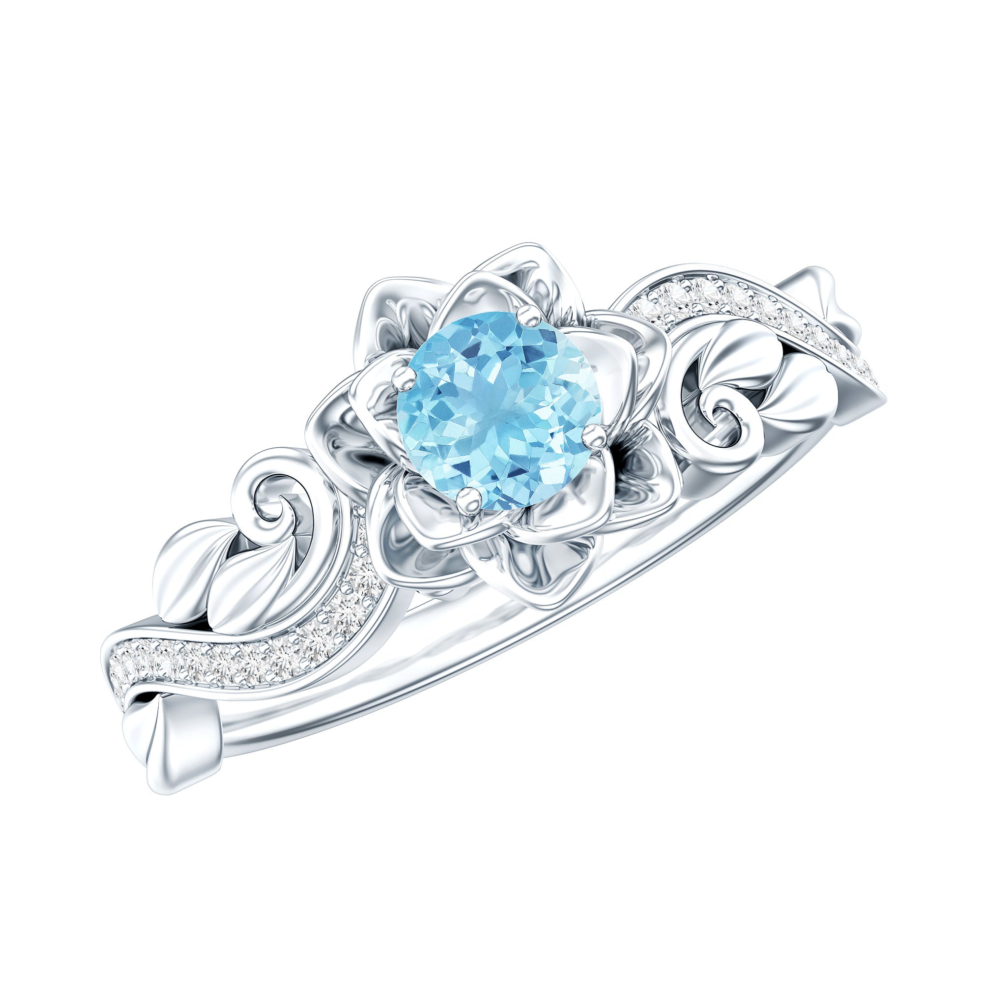 Natural Aquamarine Flower Inspired Engagement Ring With Diamond AAA - Rosec Jewels