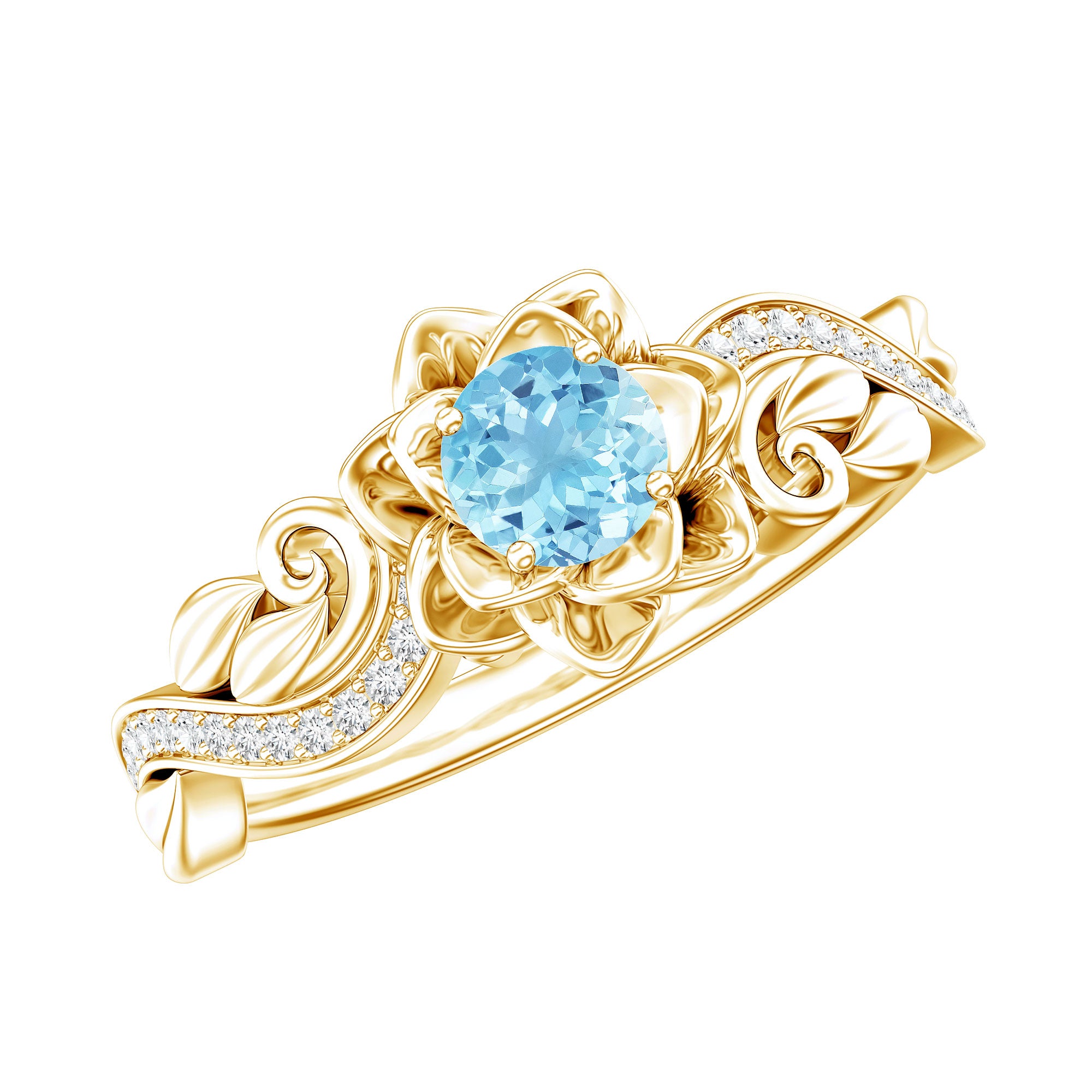 Natural Aquamarine Flower Inspired Engagement Ring With Diamond AAA - Rosec Jewels
