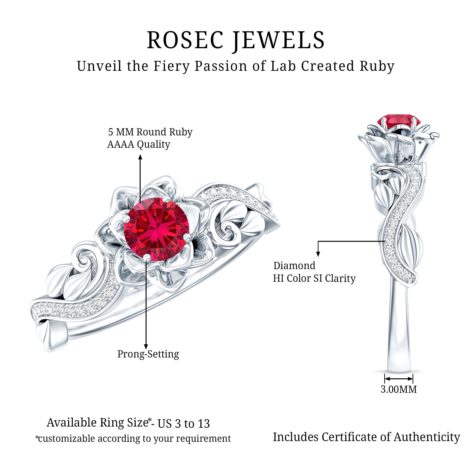 Nature Inspired Engagement Ring with Lab Ruby and Diamonds AAAA - Rosec Jewels