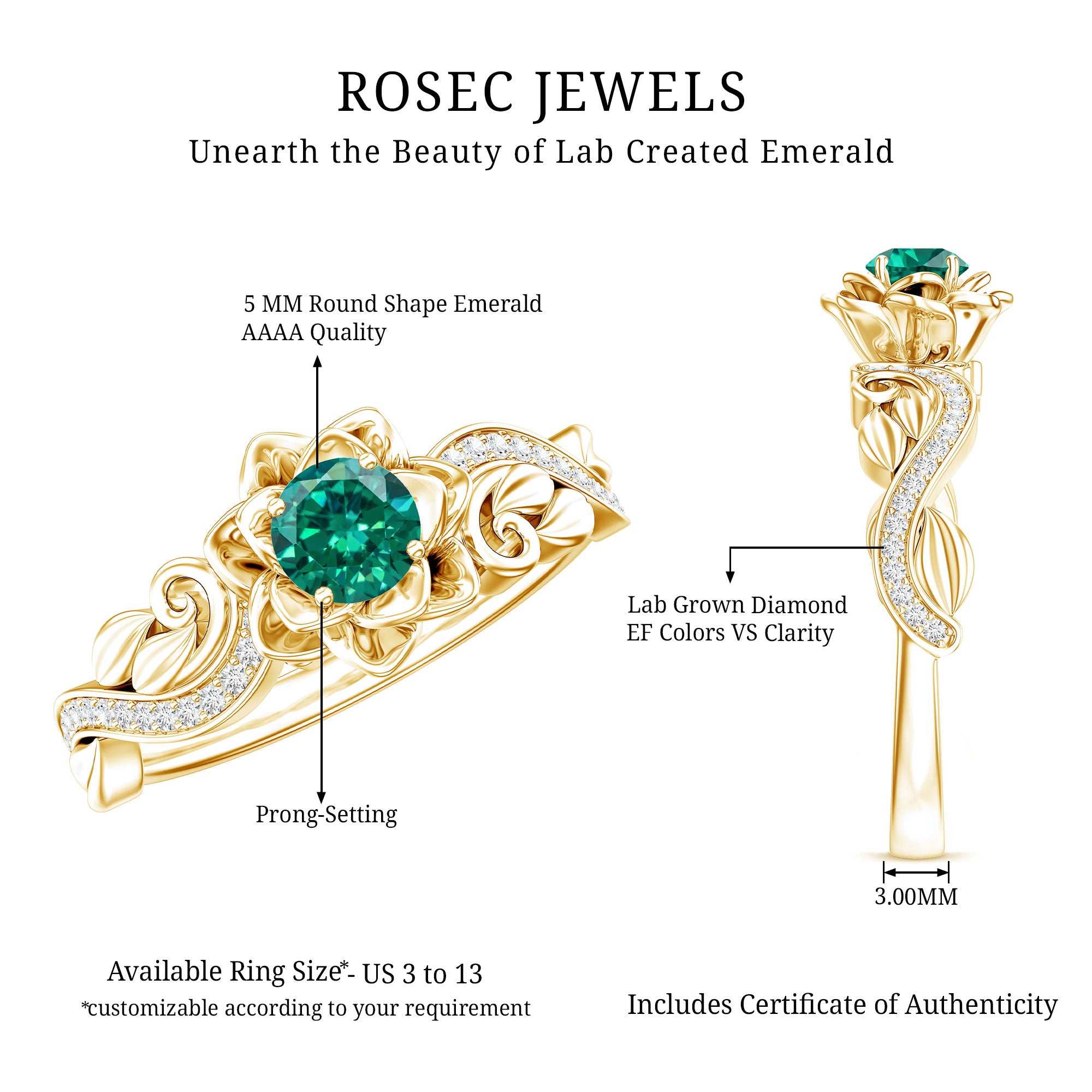 Lab Created Emerald and Diamond Flower Engagement Ring in Silver AAAA 14K Yellow Gold Plated Silver - Rosec Jewels