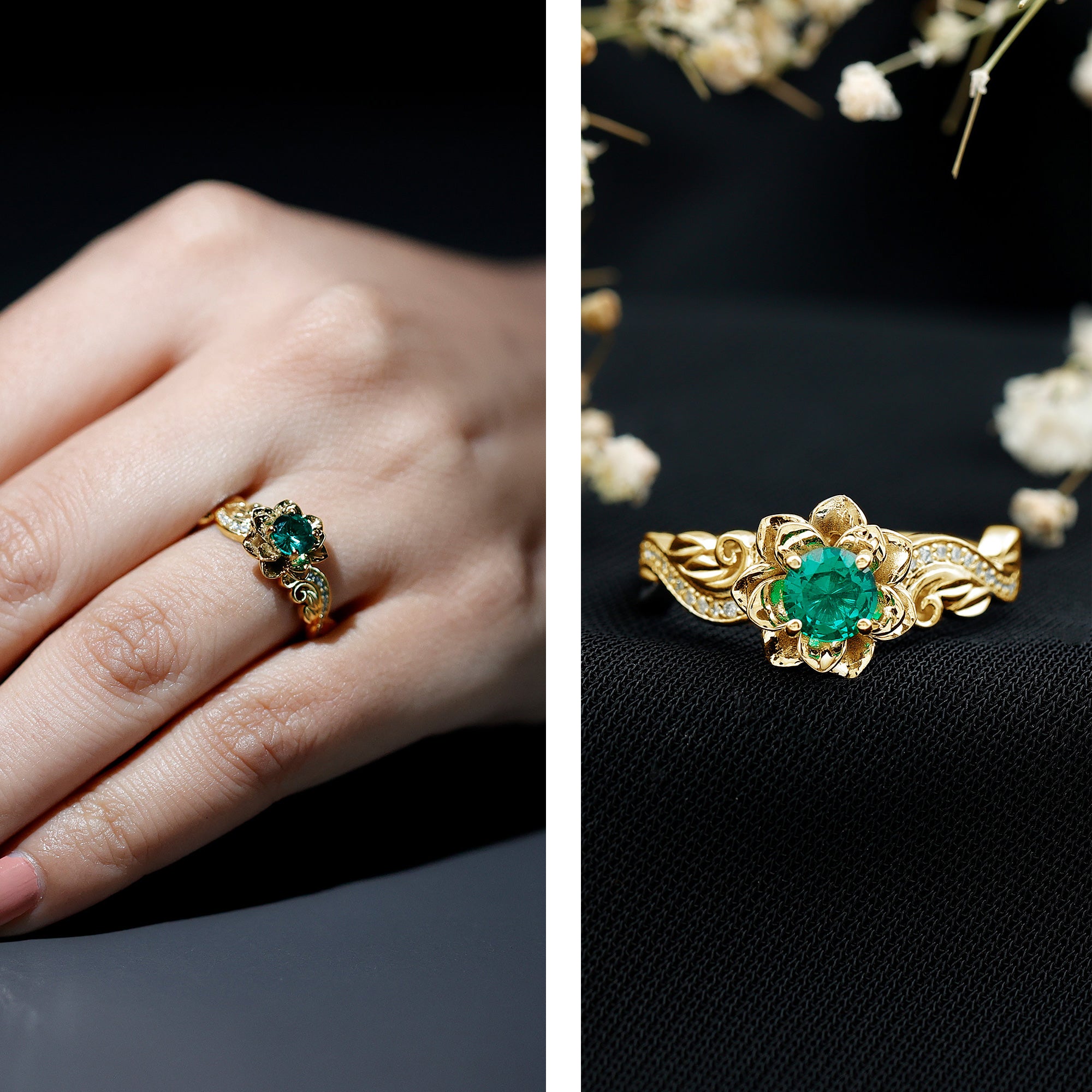 Lab Created Emerald and Diamond Flower Engagement Ring in Silver AAAA 14K Yellow Gold Plated Silver - Rosec Jewels