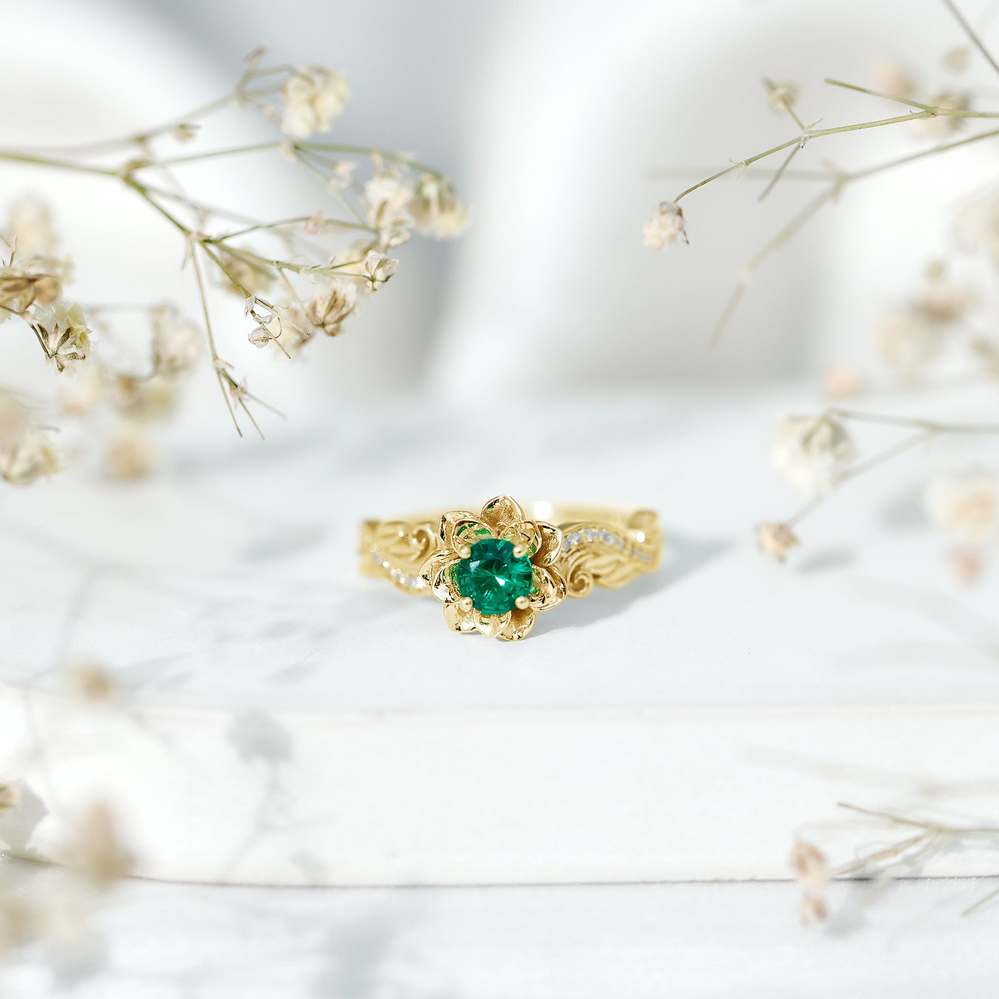 Lab Created Emerald and Diamond Flower Engagement Ring in Silver AAAA 14K Yellow Gold Plated Silver - Rosec Jewels