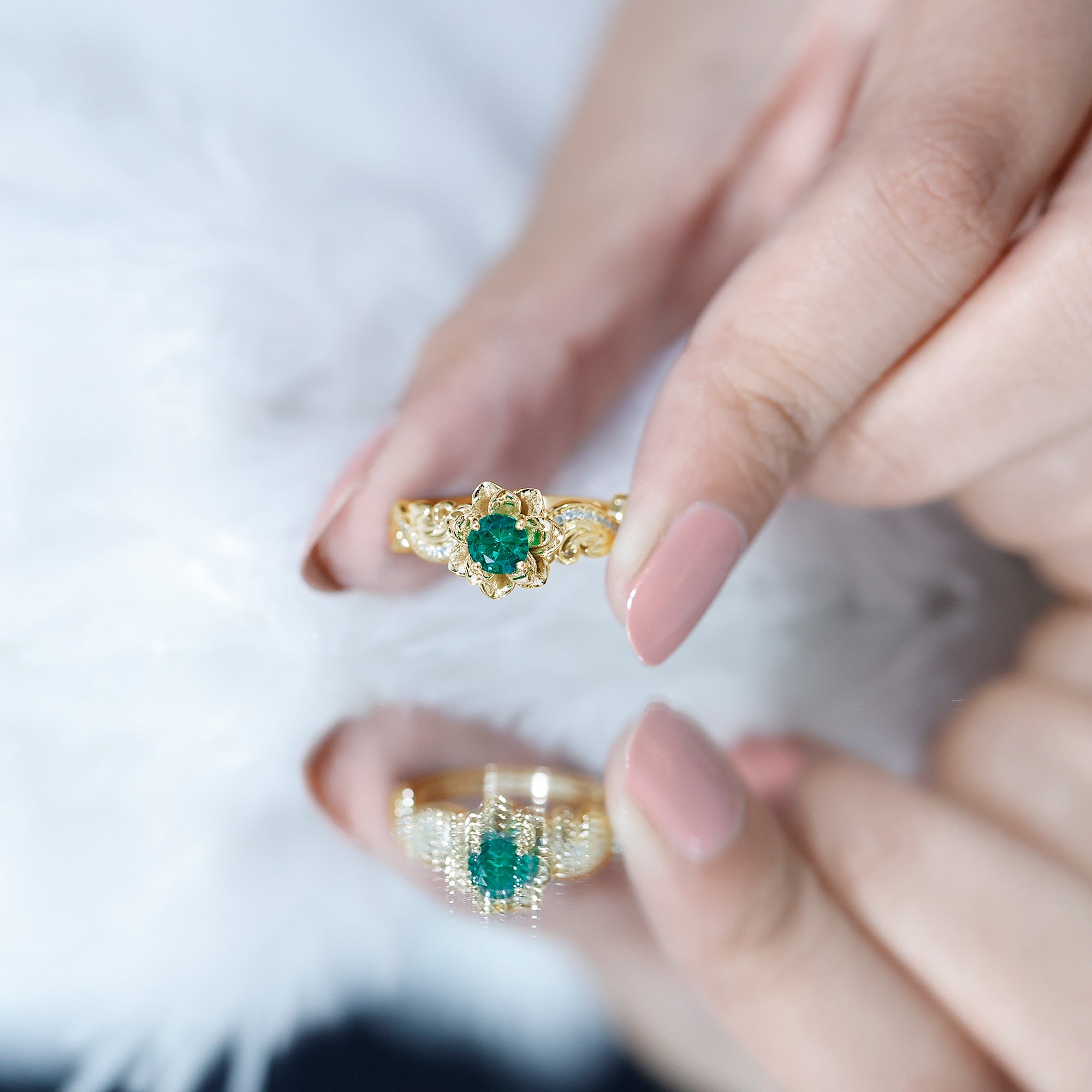 Lab Created Emerald and Diamond Flower Engagement Ring in Silver AAAA 14K Yellow Gold Plated Silver - Rosec Jewels