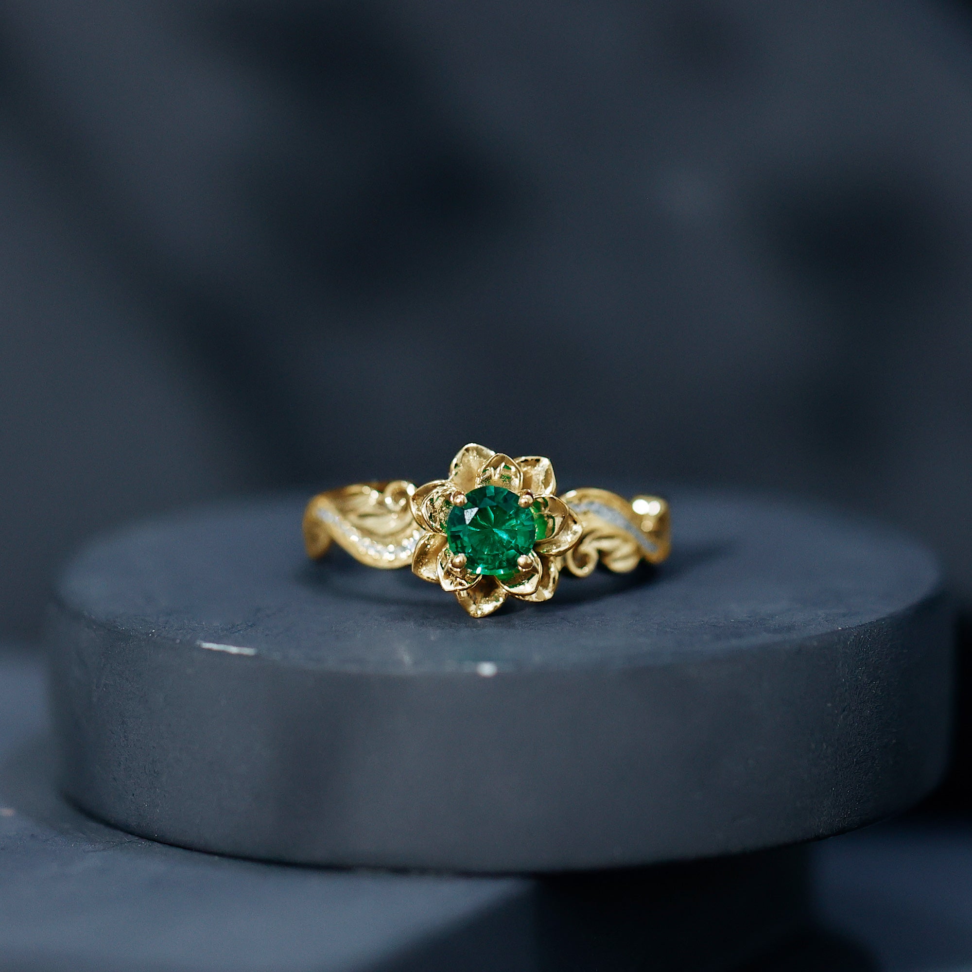Lab Created Emerald and Diamond Flower Engagement Ring in Silver AAAA 14K Yellow Gold Plated Silver - Rosec Jewels