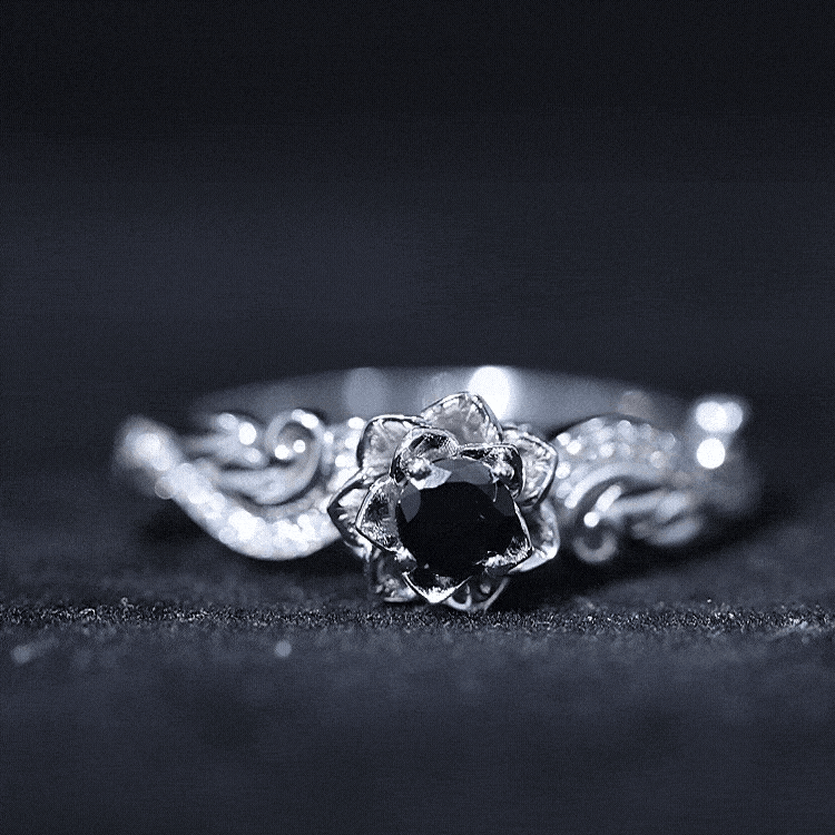 Nature Inspired Black Onyx and Diamond Floral Engagement Ring AAA - Rosec Jewels