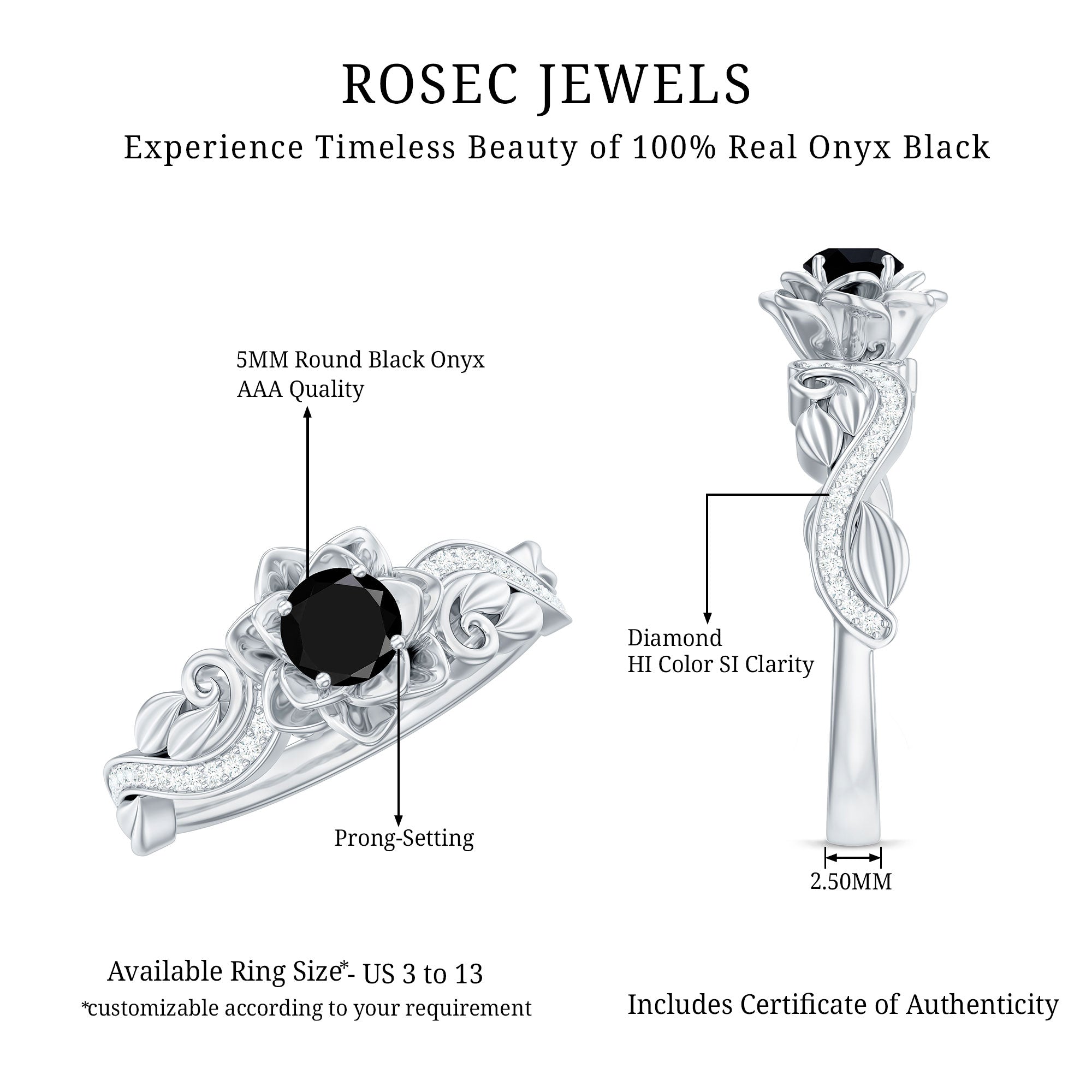 Nature Inspired Black Onyx and Diamond Floral Engagement Ring AAA - Rosec Jewels