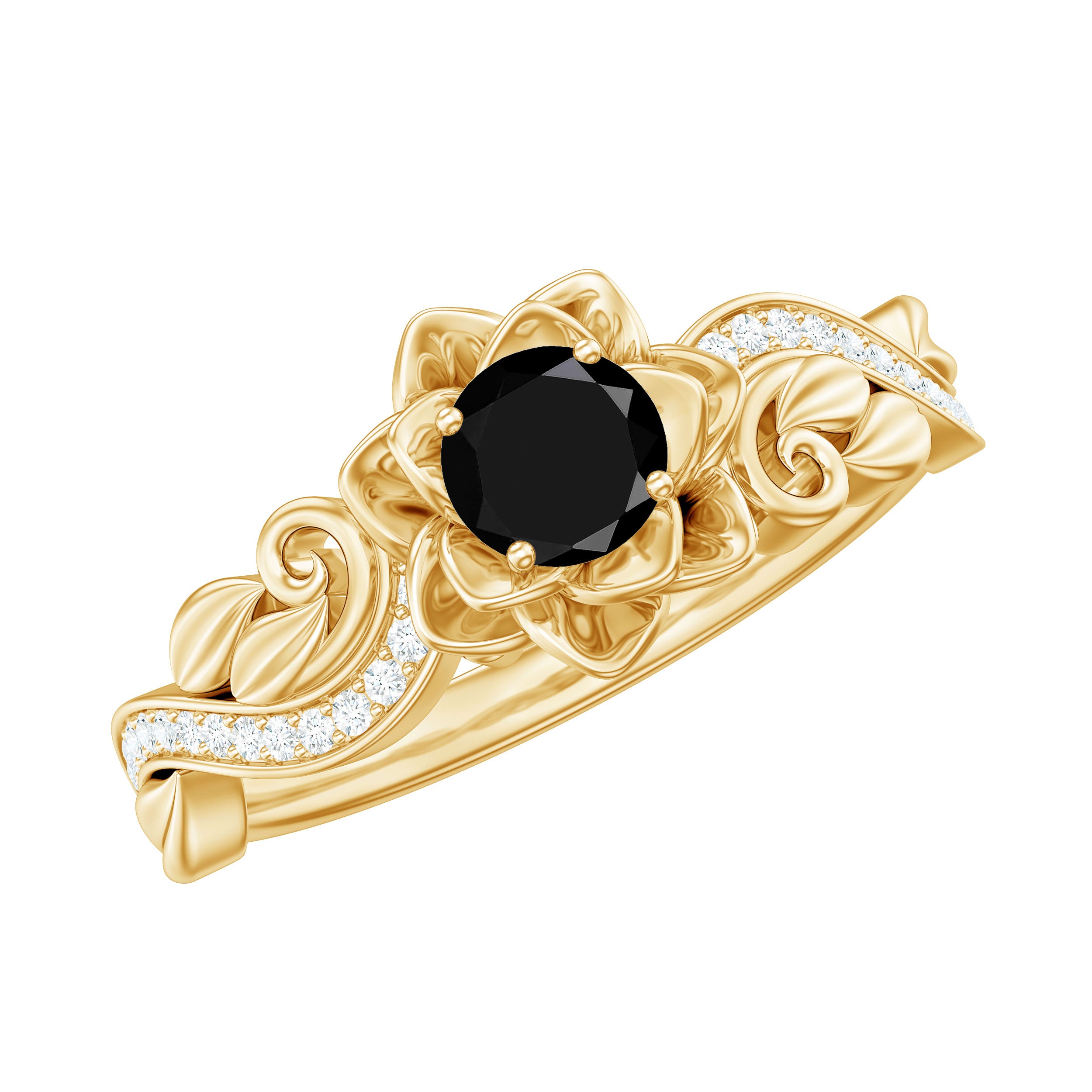 Nature Inspired Black Onyx and Diamond Floral Engagement Ring AAA - Rosec Jewels