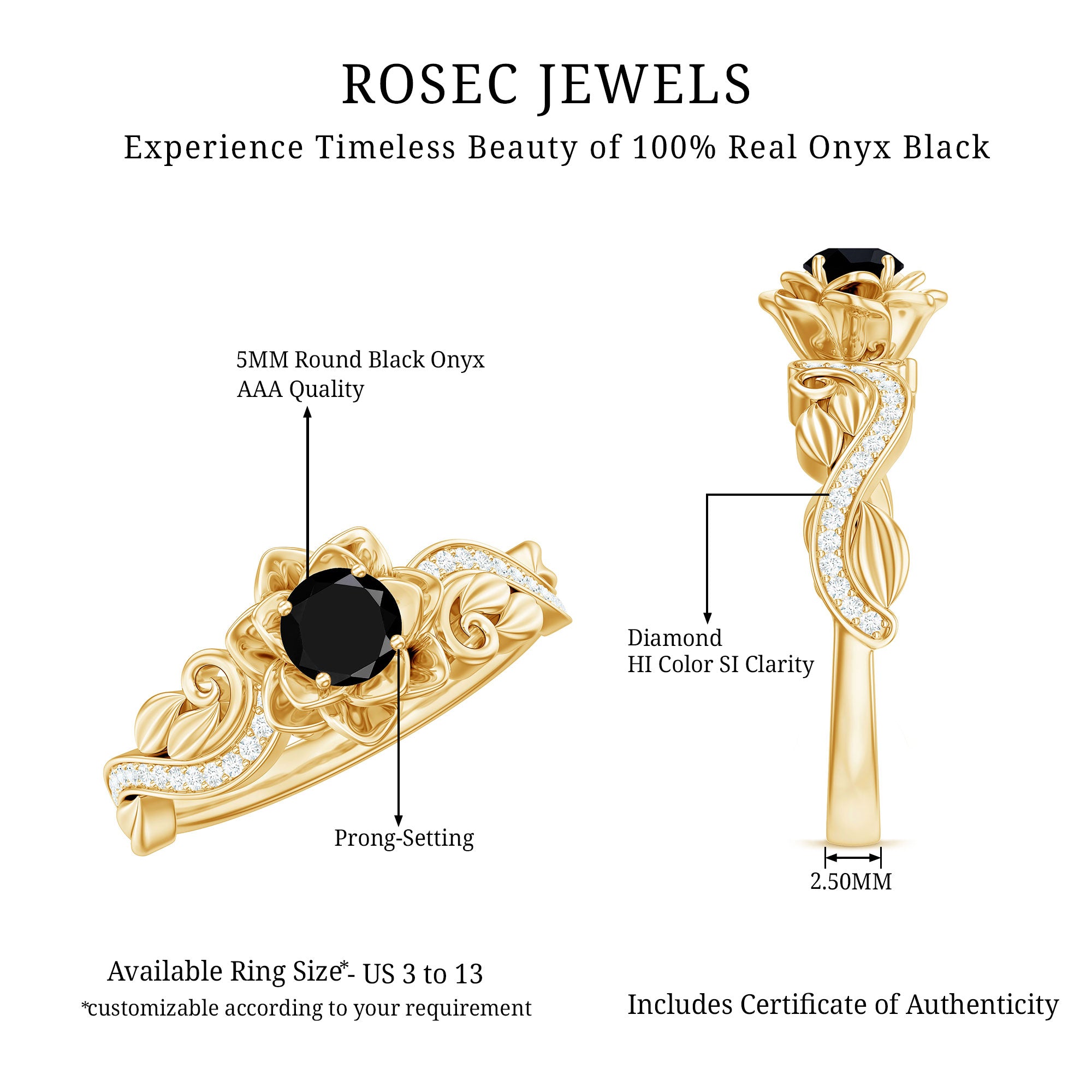 Nature Inspired Black Onyx and Diamond Floral Engagement Ring AAA - Rosec Jewels