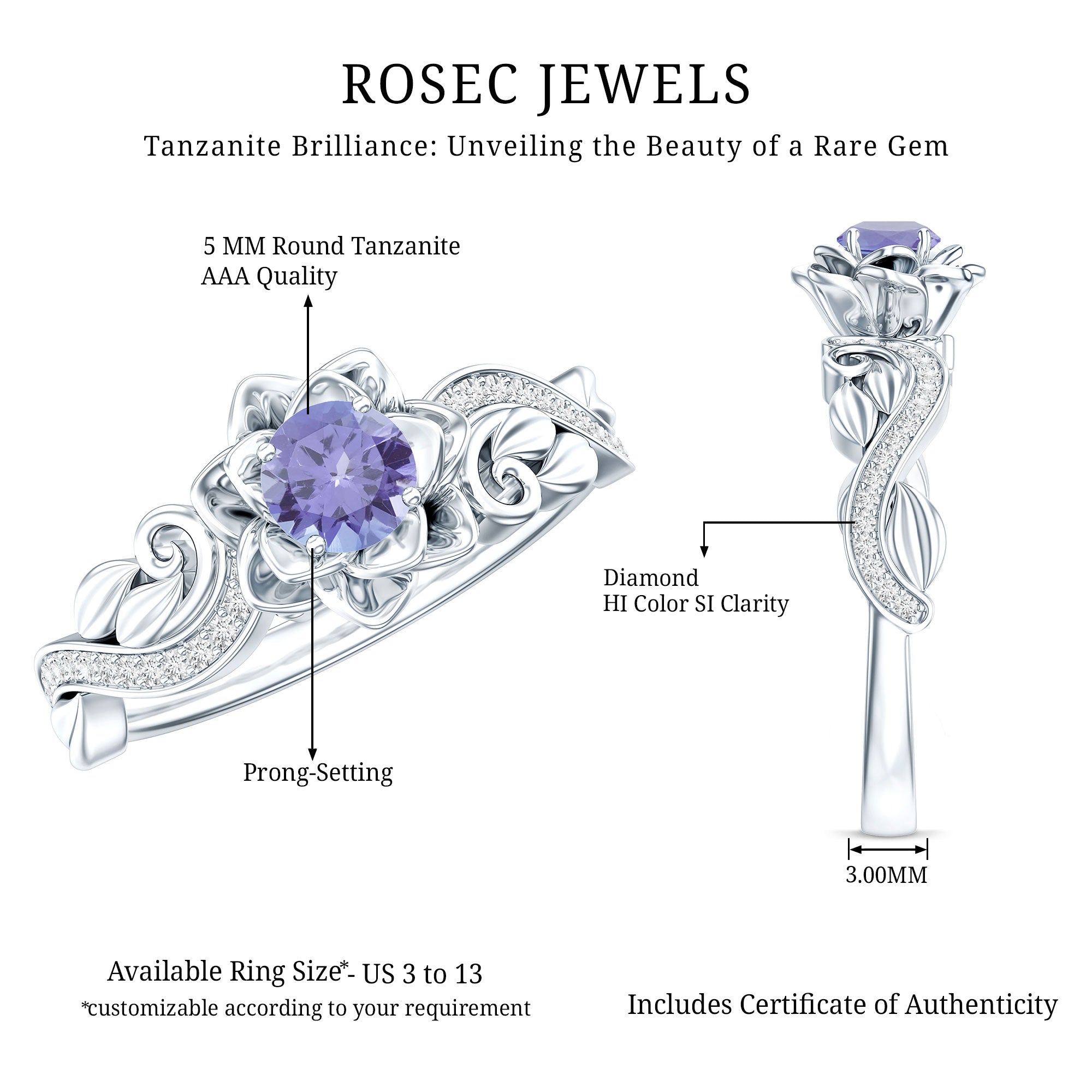 Rosec Jewels-Nature Inspired Tanzanite Engagement Ring with Diamond