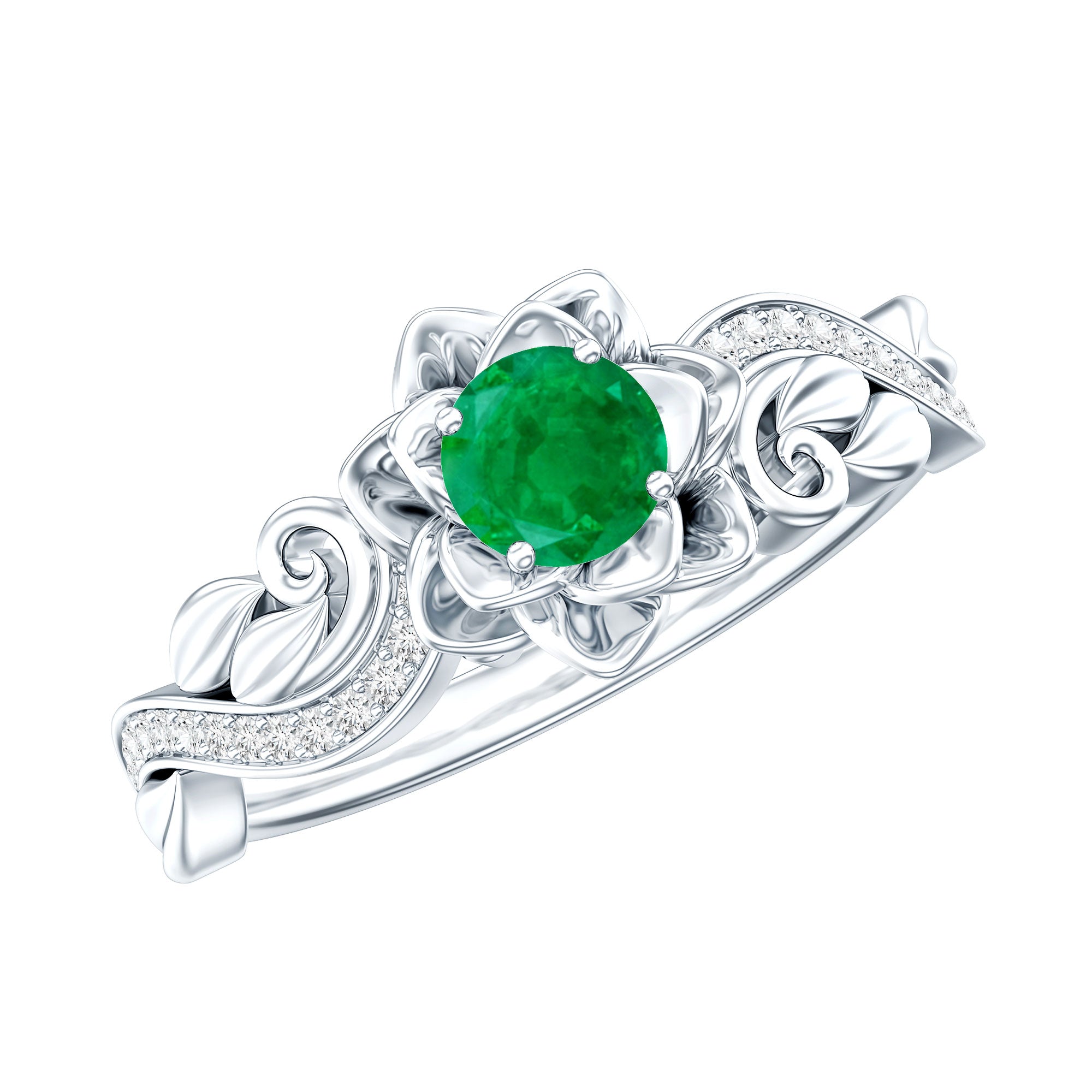 Natural Emerald Flower Engagement Ring with Diamond AAA - Rosec Jewels