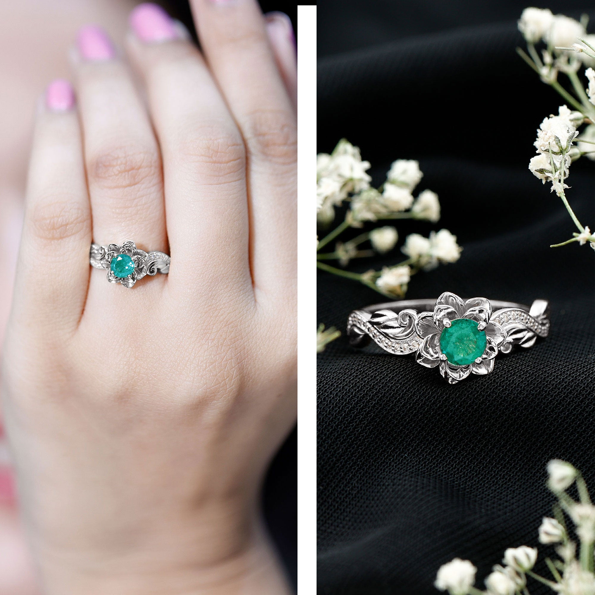 Certified 5 MM Emerald and Diamond Flower Engagement Ring AAA - Rosec Jewels