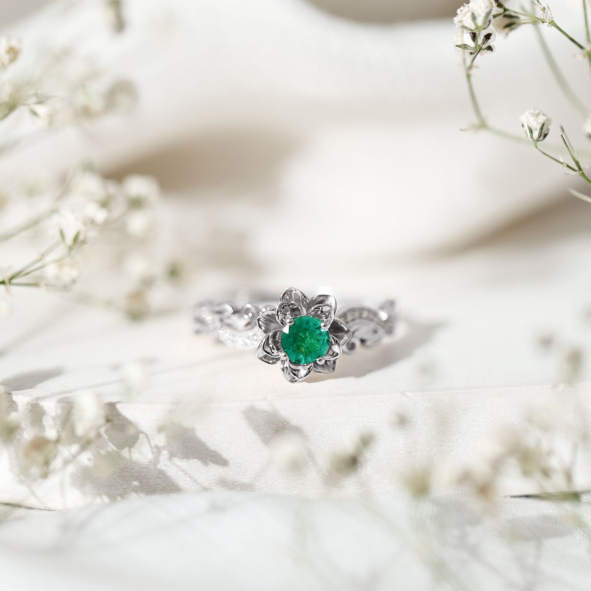 Certified 5 MM Emerald and Diamond Flower Engagement Ring AAA - Rosec Jewels