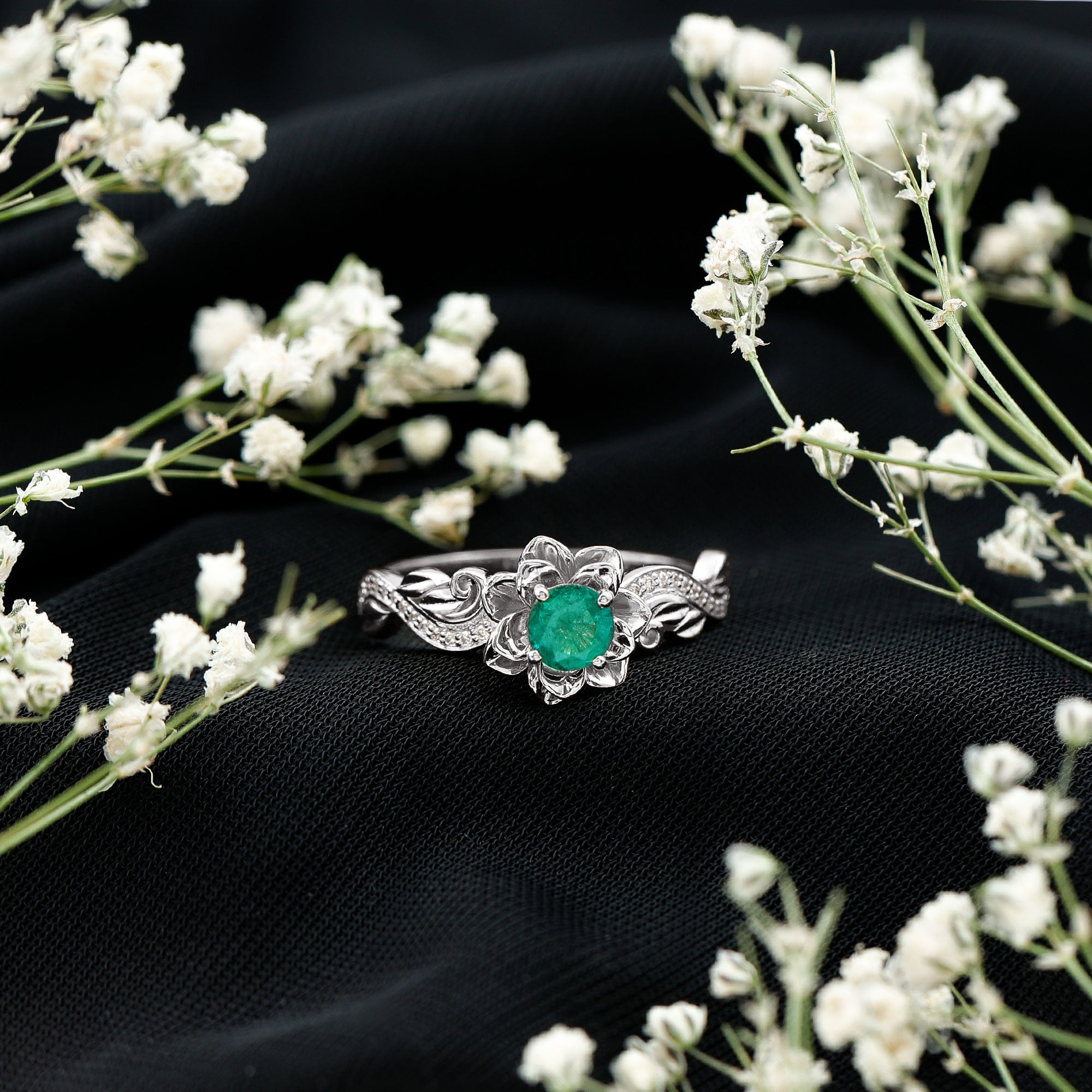 Natural Emerald Flower Engagement Ring with Diamond AAA - Rosec Jewels