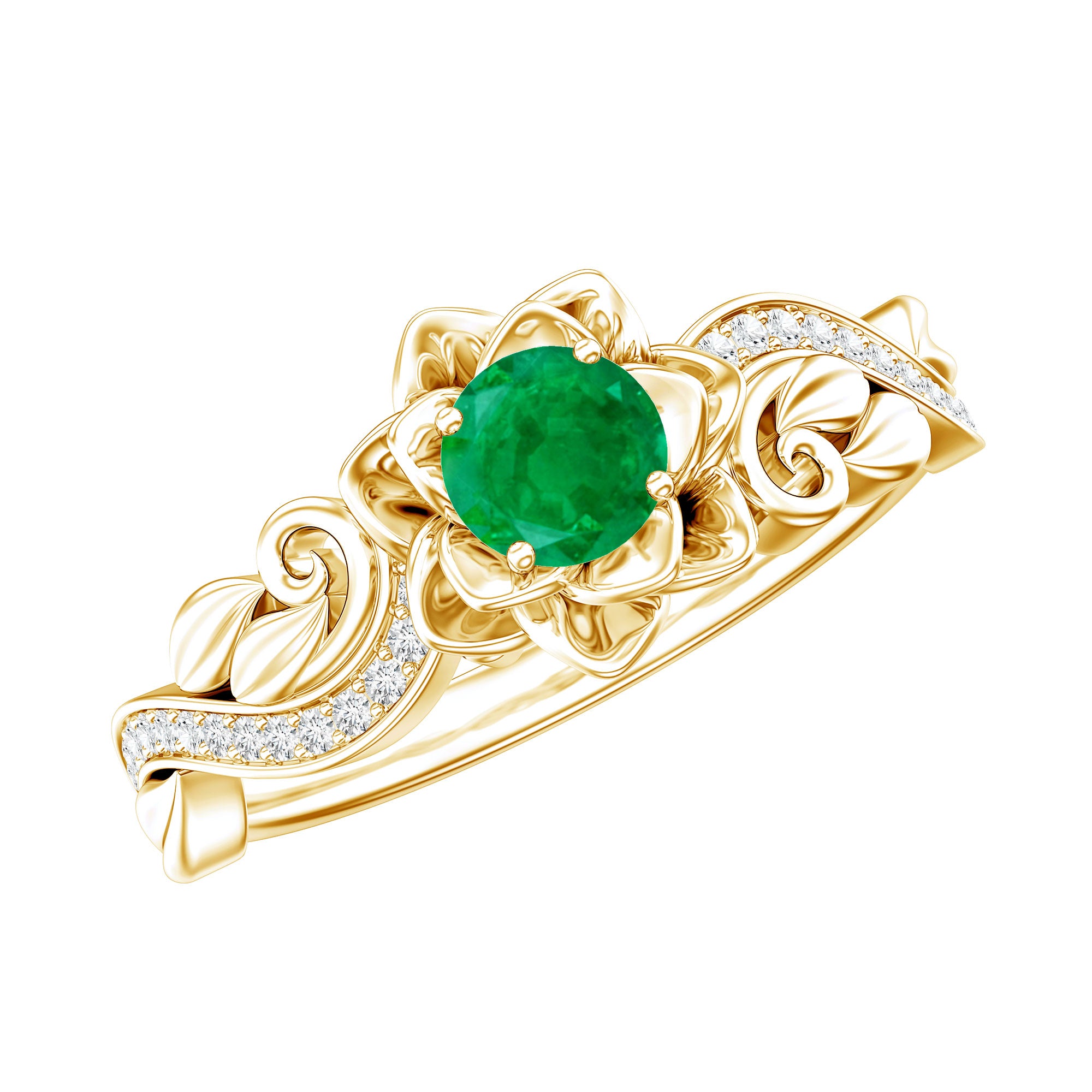 Natural Emerald Flower Engagement Ring with Diamond AAA - Rosec Jewels