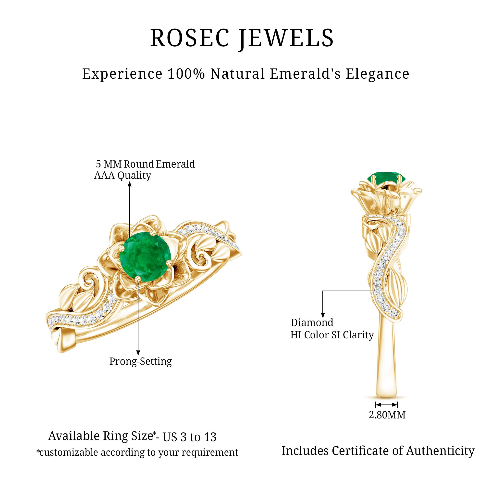 Certified 5 MM Emerald and Diamond Flower Engagement Ring AAA - Rosec Jewels