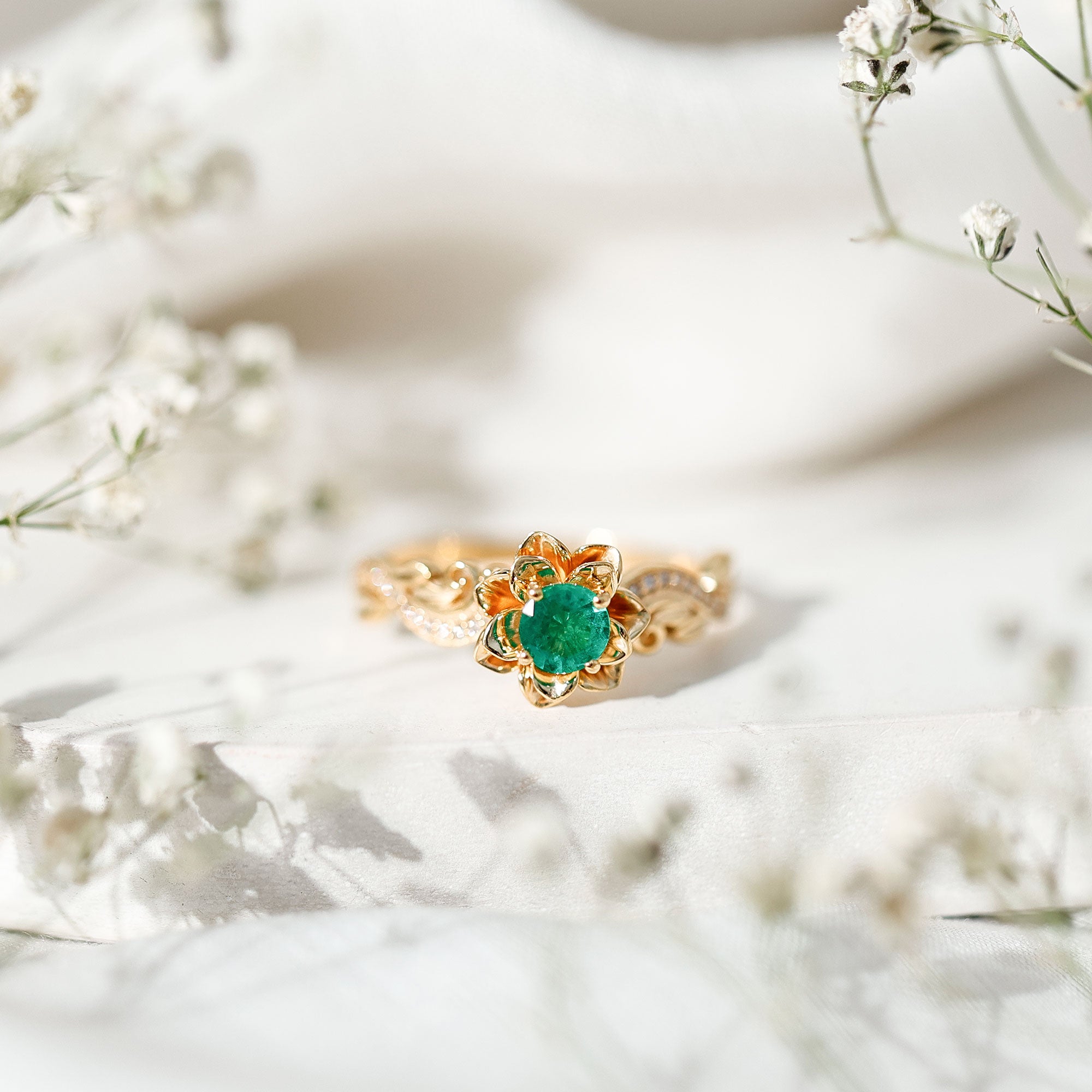 Certified 5 MM Emerald and Diamond Flower Engagement Ring AAA - Rosec Jewels