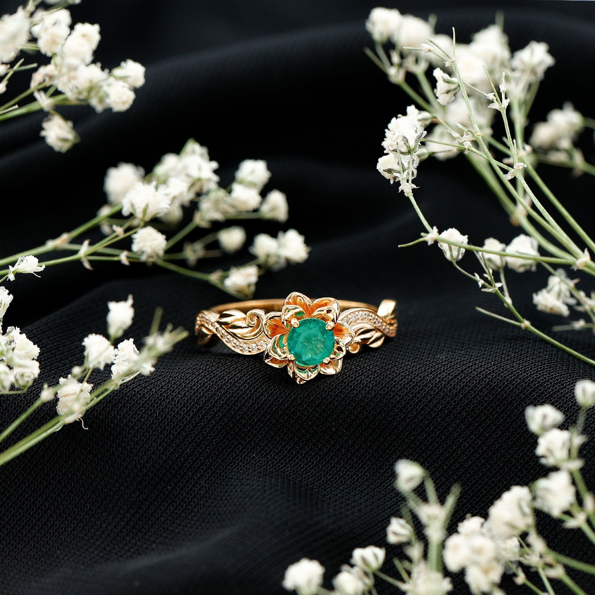 Certified 5 MM Emerald and Diamond Flower Engagement Ring AAA - Rosec Jewels