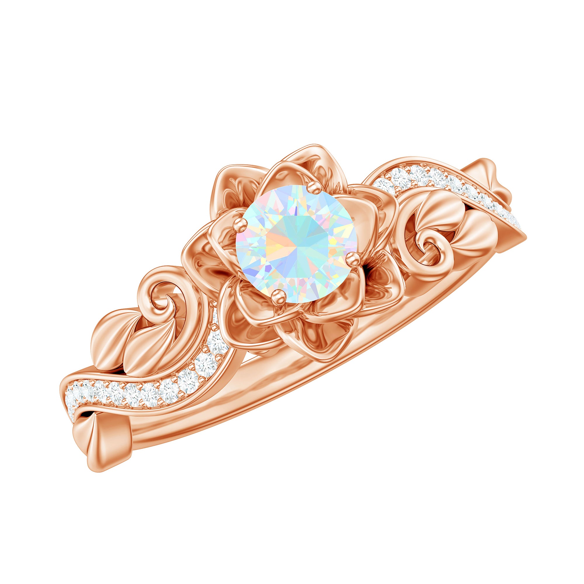 Genuine Ethiopian Opal Flower Engagement Ring With Real Diamond AAA - Rosec Jewels