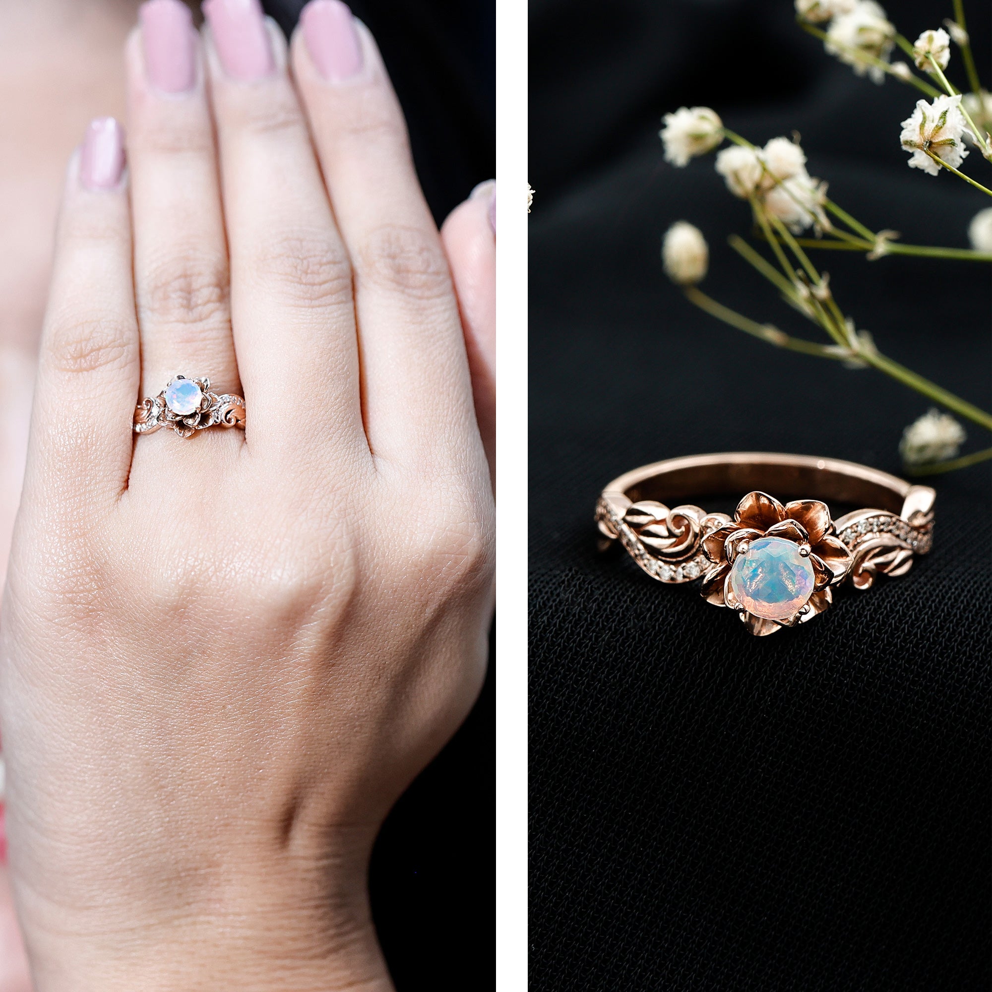 Genuine Ethiopian Opal Flower Engagement Ring With Real Diamond AAA - Rosec Jewels