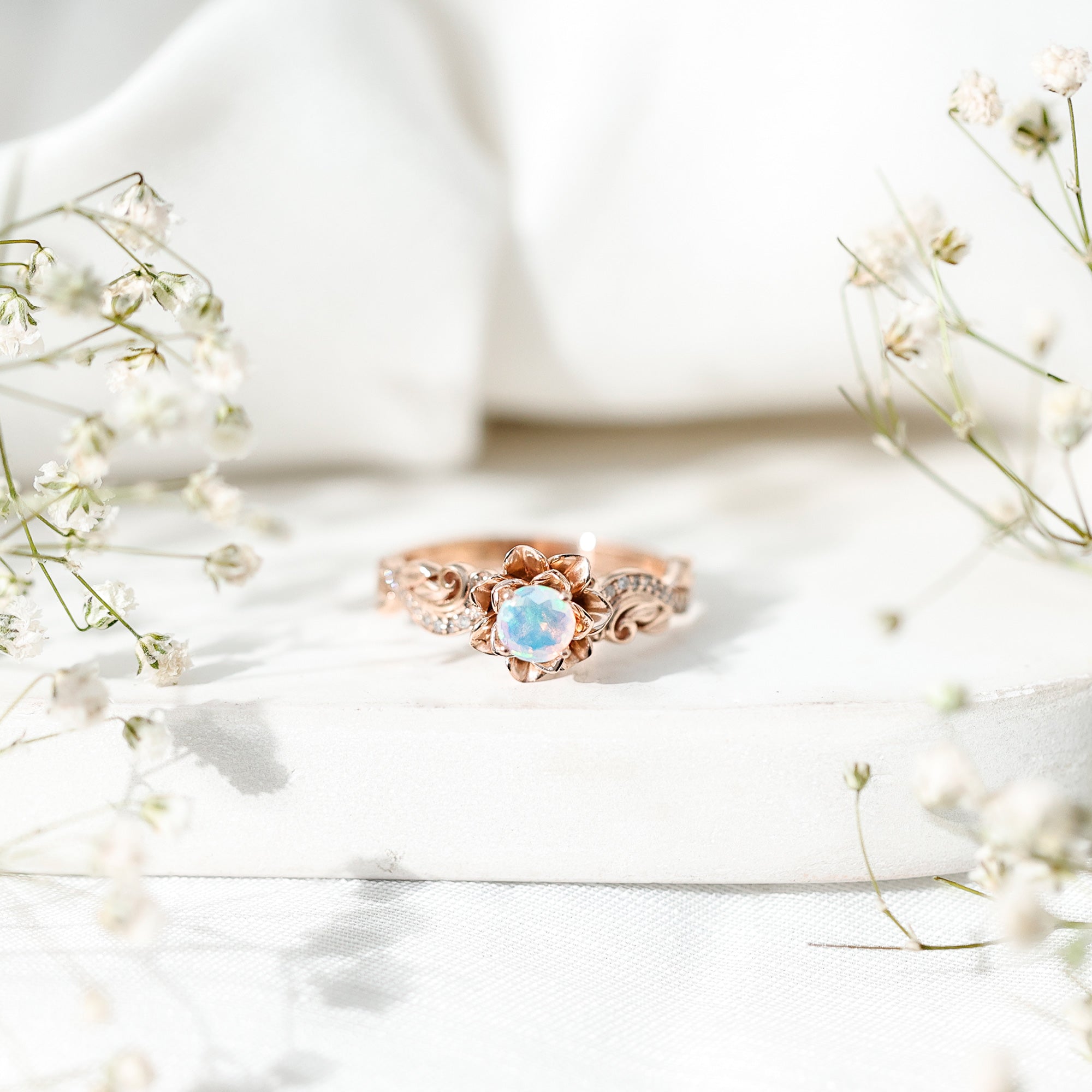 Genuine Ethiopian Opal Flower Engagement Ring With Real Diamond AAA - Rosec Jewels