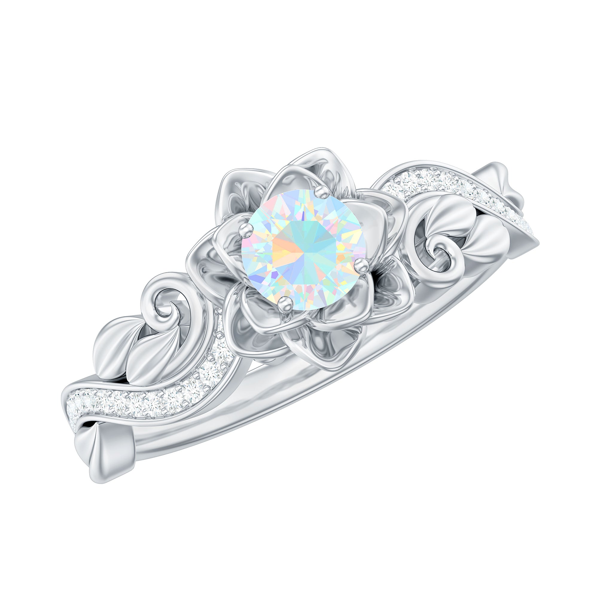 Genuine Ethiopian Opal Flower Engagement Ring With Real Diamond AAA - Rosec Jewels