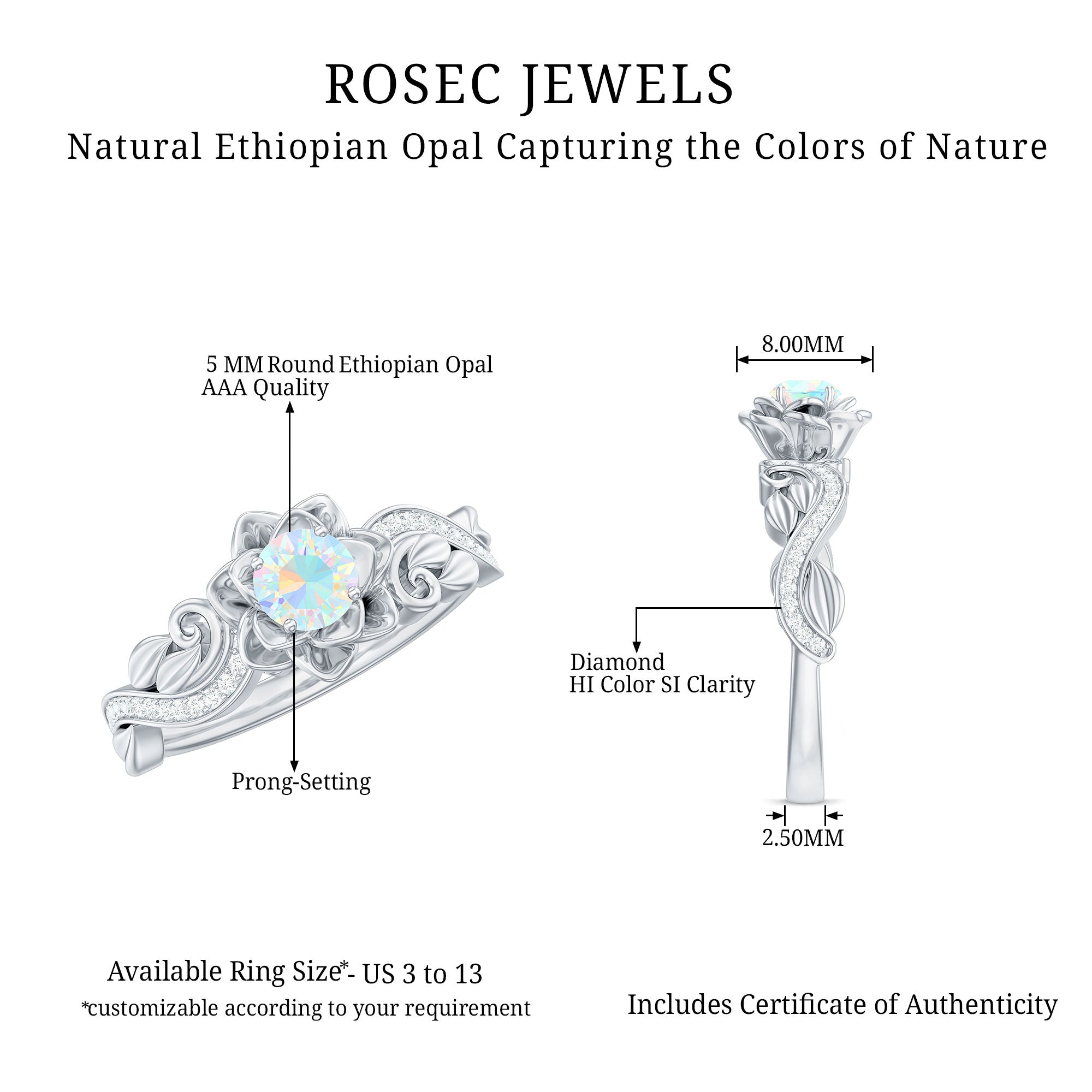 Genuine Ethiopian Opal Flower Engagement Ring With Real Diamond AAA - Rosec Jewels