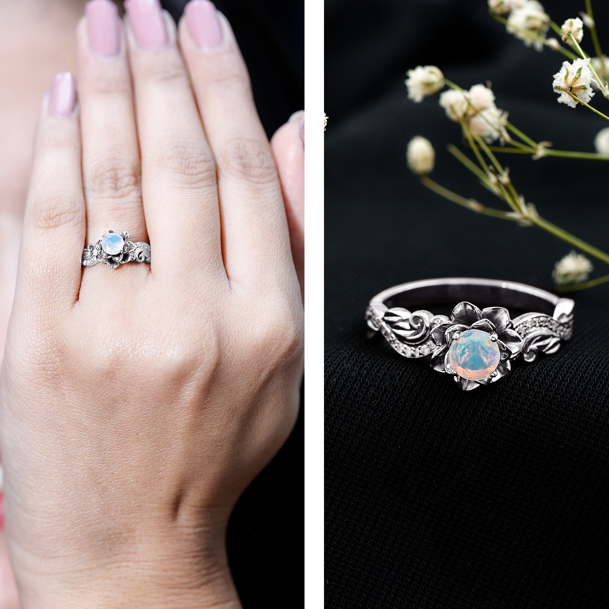 Genuine Ethiopian Opal Flower Engagement Ring With Real Diamond AAA - Rosec Jewels