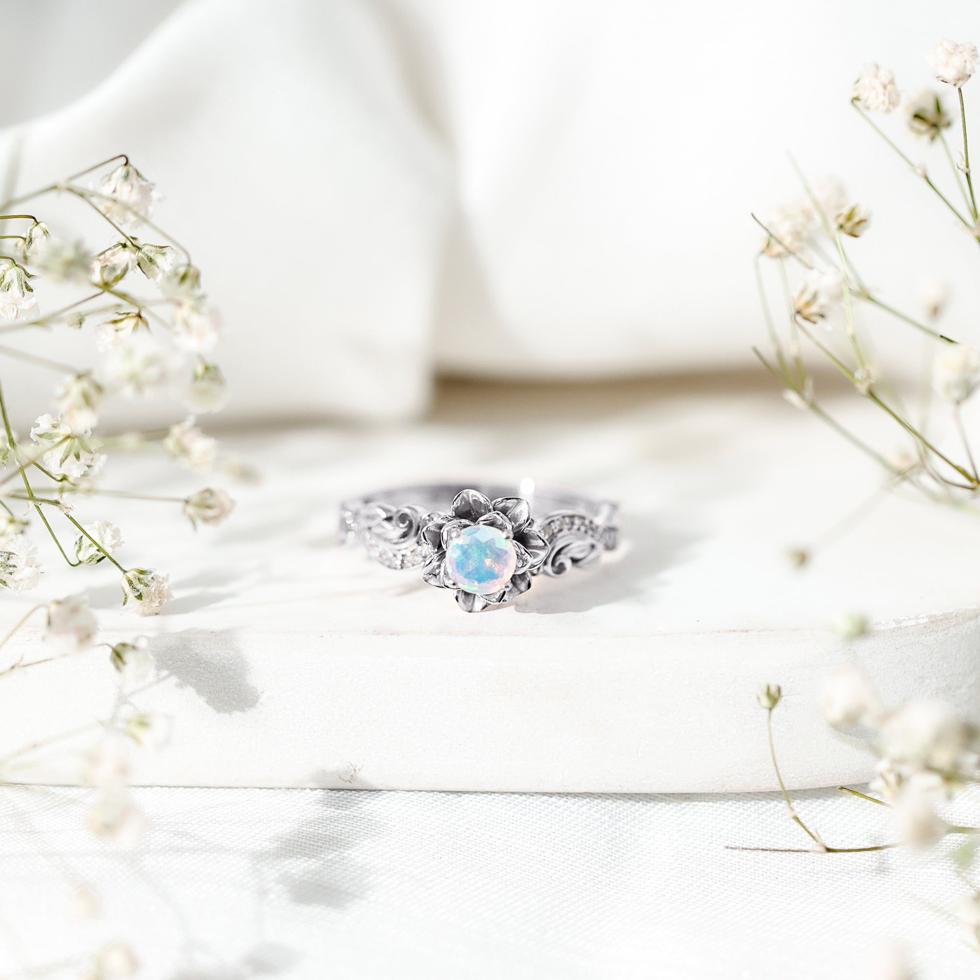 Genuine Ethiopian Opal Flower Engagement Ring With Real Diamond AAA - Rosec Jewels