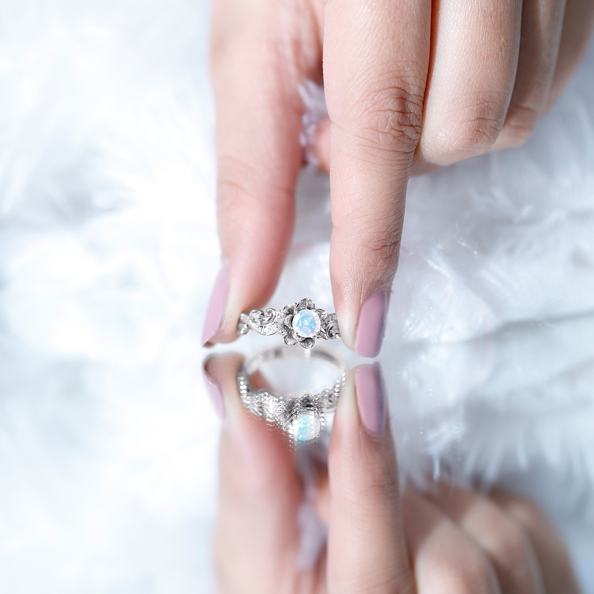 Genuine Ethiopian Opal Flower Engagement Ring With Real Diamond AAA - Rosec Jewels